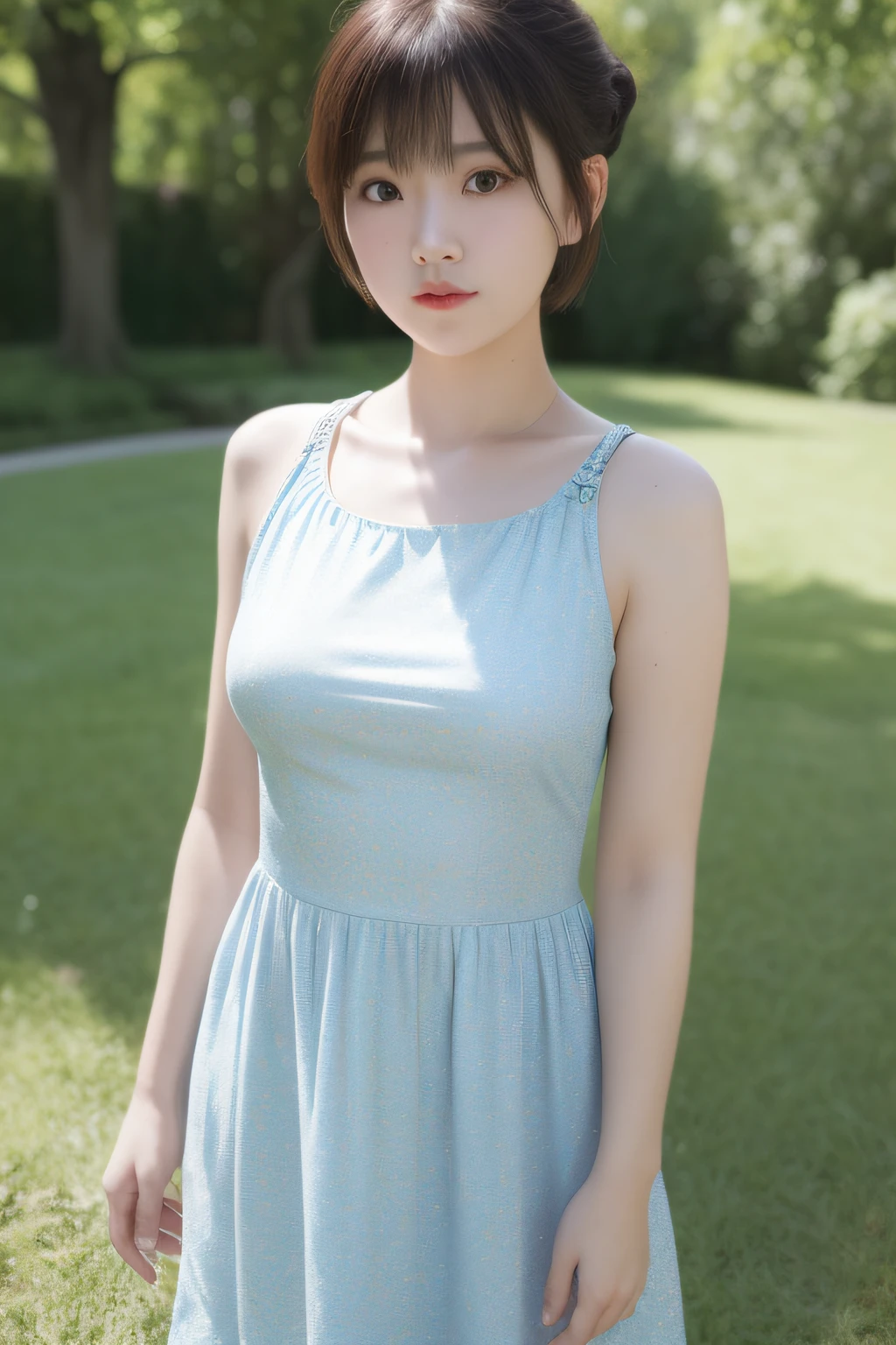 art by Cornflower, dreamy (A petite girl with beautiful and detailed eyes. The depth of field in the photo is perfect, the lens flare adds a nice touch, {{side big breast:2}}}, a soaky dress