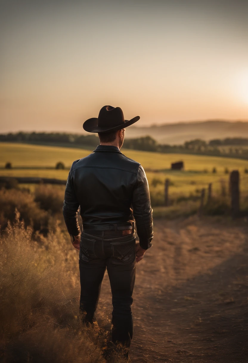 Handsome young cowboy with black leather jacket and hat on head looking at horizon showing face profile on farm at sunset, imagem ultra realista, ultra hd, 8k , foco nitido, fujifilm xt3