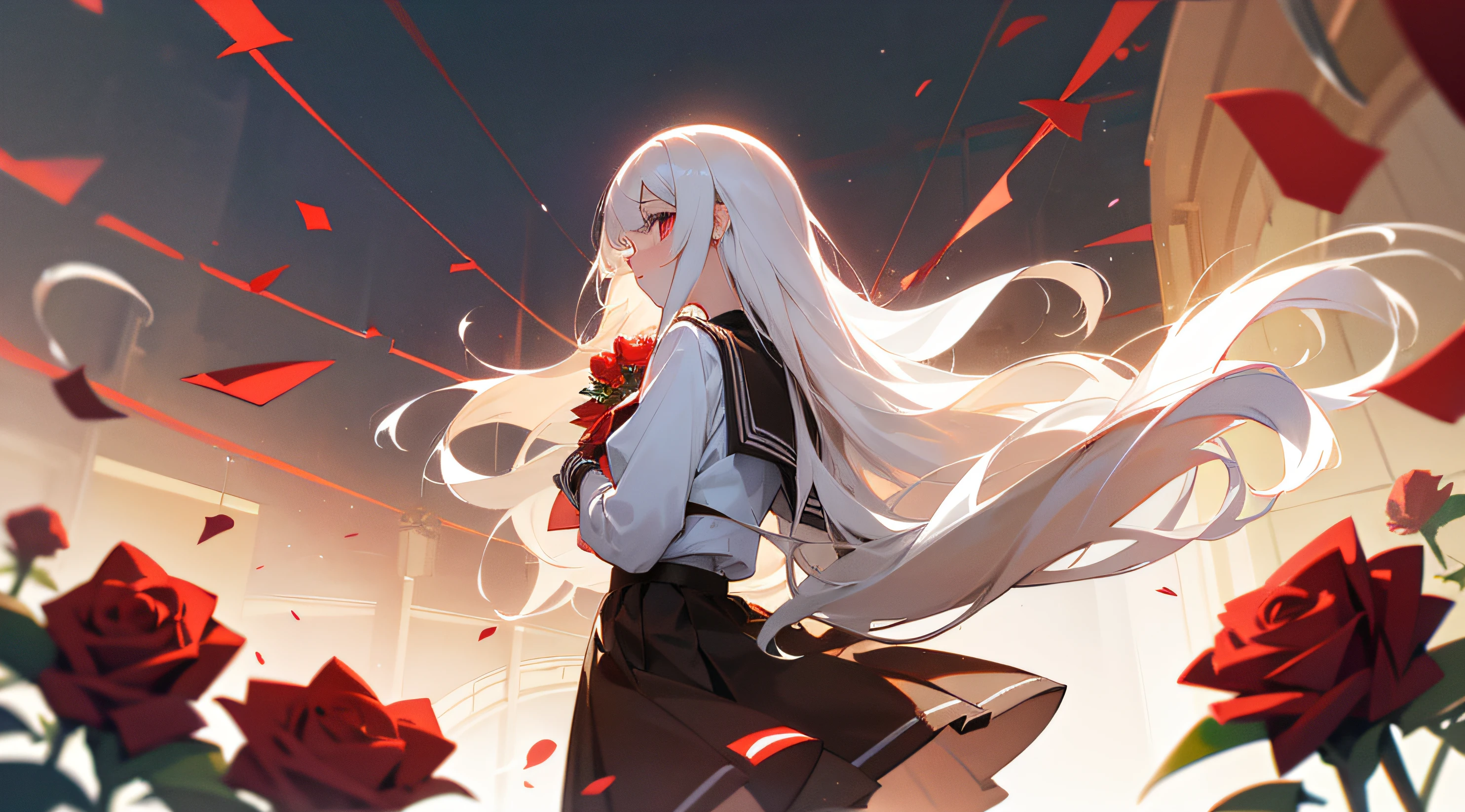 Girl with long brown hair and girl with white hair at school. red roses. astonishment. School Uniform