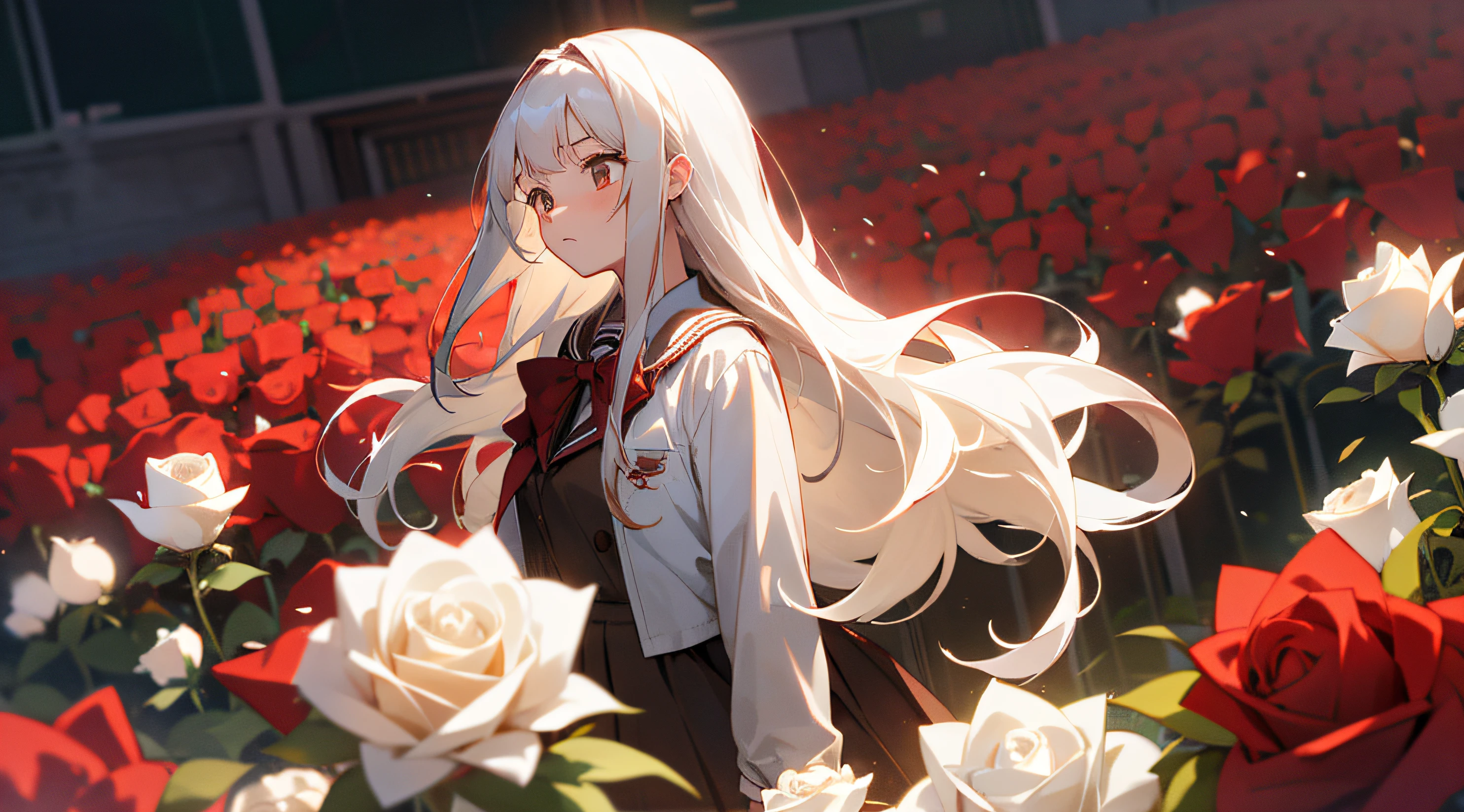 Girl with long brown hair and girl with white hair at school. red roses. astonishment. School Uniform