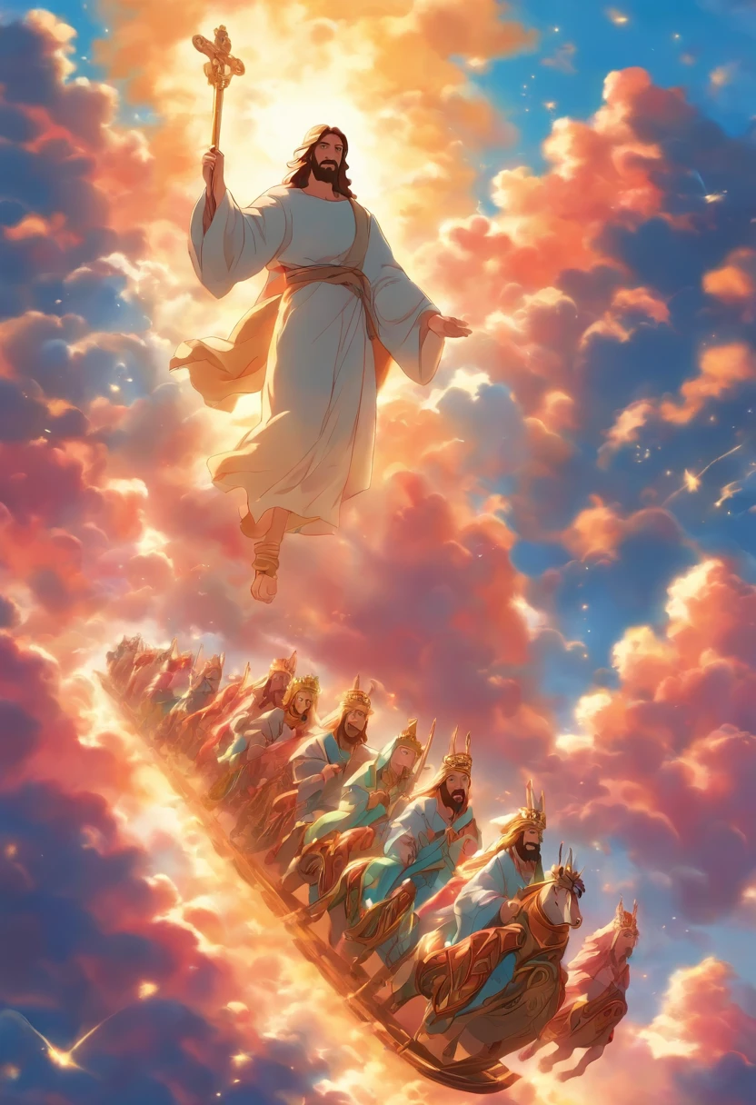 A painting of Jesus riding a chariot in heaven, carruagem, epic biblical representation, Directed by: Cheng Zhengkui, epic oil painting, Directed by: Konrad Klapheck, the wise man is riding on top, Directed by: Shen Che-Tsai, Rob Rey, Hora do Pai, Directed by: Grzegorz Domaradzki, Directed by: Laszlo Balogh