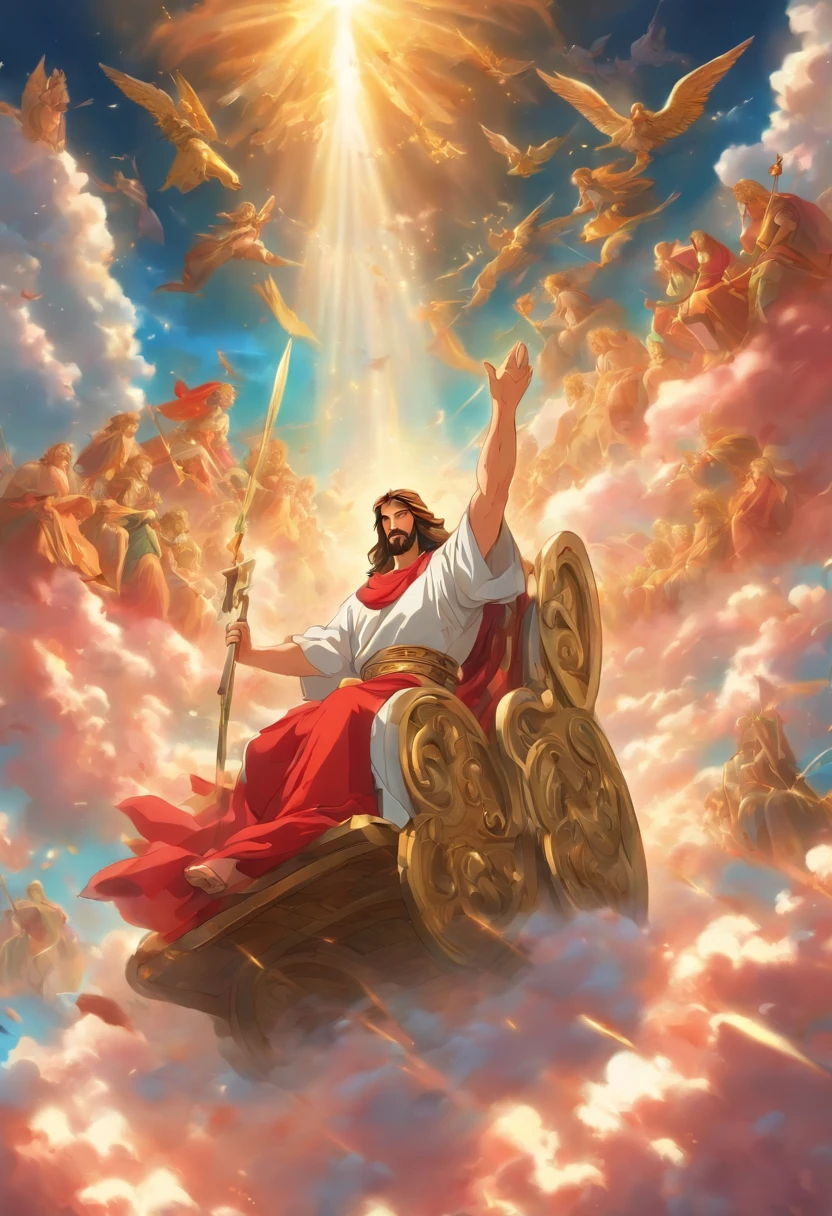 A painting of Jesus riding a chariot in heaven, carruagem, epic biblical representation, Directed by: Cheng Zhengkui, epic oil painting, Directed by: Konrad Klapheck, the wise man is riding on top, Directed by: Shen Che-Tsai, Rob Rey, Hora do Pai, Directed by: Grzegorz Domaradzki, Directed by: Laszlo Balogh
