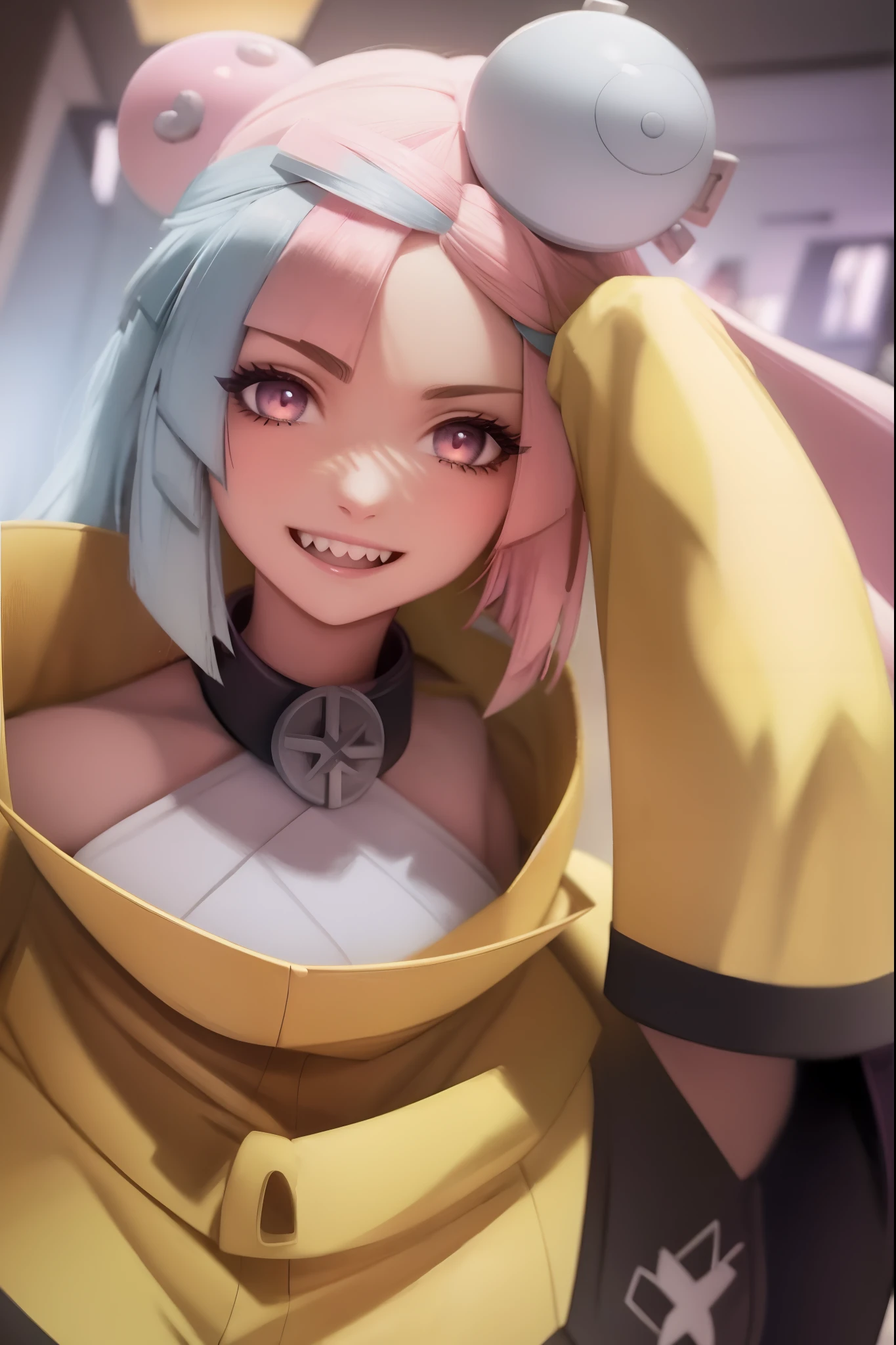 ionojacket,1 girl,pink eyes,solo,smile,open mouth,fangs ,indoors,woman-medieval-clothes, priestess, sword holding, smile
