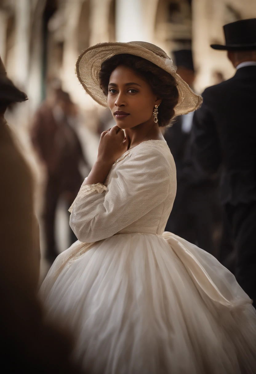 Ranavalona III Reine de Madagascar, en 1900, image en couleur, disembarking in Marseilles. Elle est accueillie par une foule enthousiaste. She wears a regal dress and an elegant hat. Image Quality : 4K.