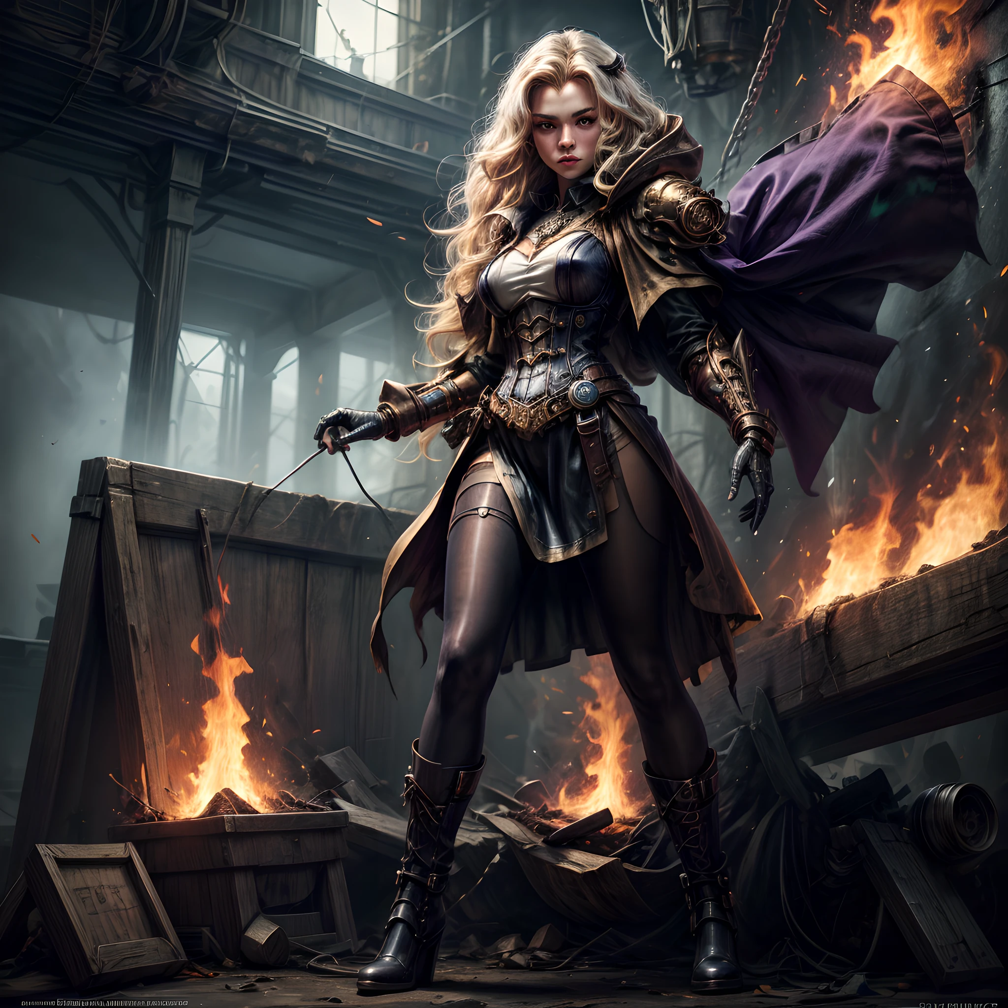 fantasy art, steampunk art, RPG art, photograph, RAW,  Best Detailed, picture of a mecha woman wizard, standing proudly, manipulating magical red fire, extremely beautiful woman (best Detailed, Masterpiece, Hyperrealistic: 1.5) full body,blond hair, rich hair, wavy hair, dynamic eyes color, wearing black and white dress, wearing (white cloak: 1.2), wearing (pantyhose: 1.2), wearing high heeled boots, laces boots, make up, steampunk laboratory background, ultra best realistic, best details, best quality, 16k, [ultra detailed], masterpiece, best quality, (extremely detailed), ultra wide shot, photorealism, depth of field, hyper realistic painting, GlowingRunes_purple, red fire, mechanical parts