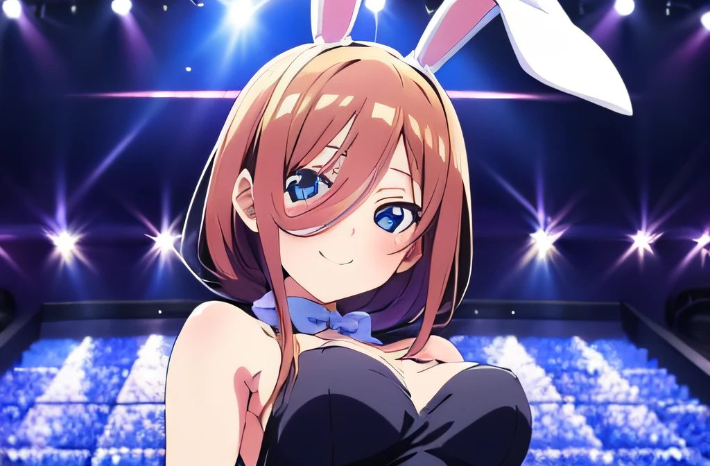 ((masutepiece)), ((Best Quality)), (Ultra-detailed), Anime style, Live performance venue, e litrl s, 1girl in, Solo, Bunny Girl 00, ((Beautiful eyes))0, Smile