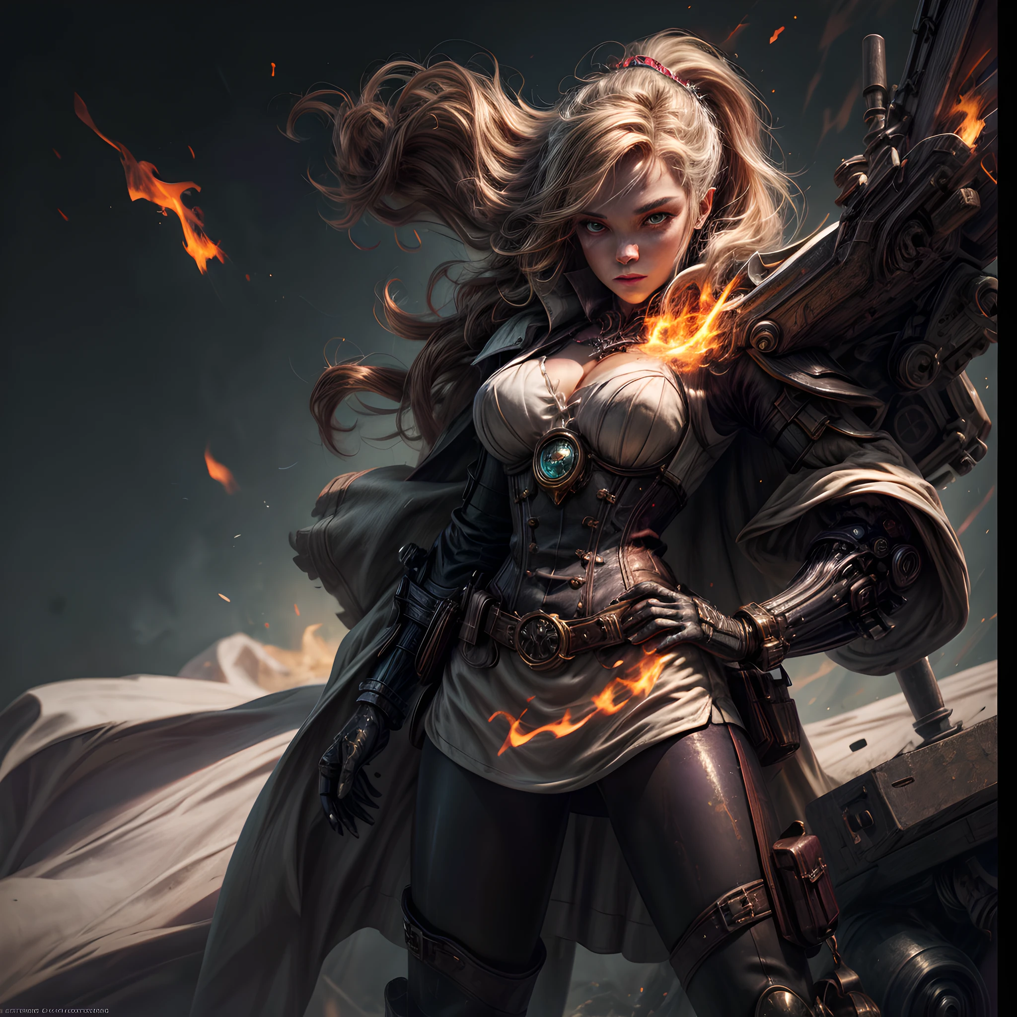 fantasy art, steampunk art, RPG art, photograph, RAW,  Best Detailed, picture of a mecha woman wizard, standing proudly, manipulating magical red fire, extremely beautiful woman (best Detailed, Masterpiece, Hyperrealistic: 1.5) full body,blond hair, rich hair, wavy hair, dynamic eyes color, wearing black and white dress, wearing (white cloak: 1.2), wearing (pantyhose: 1.2), wearing high heeled boots, laces boots, make up, steampunk laboratory background, ultra best realistic, best details, best quality, 16k, [ultra detailed], masterpiece, best quality, (extremely detailed), ultra wide shot, photorealism, depth of field, hyper realistic painting, GlowingRunes_purple, red fire, mechanical parts