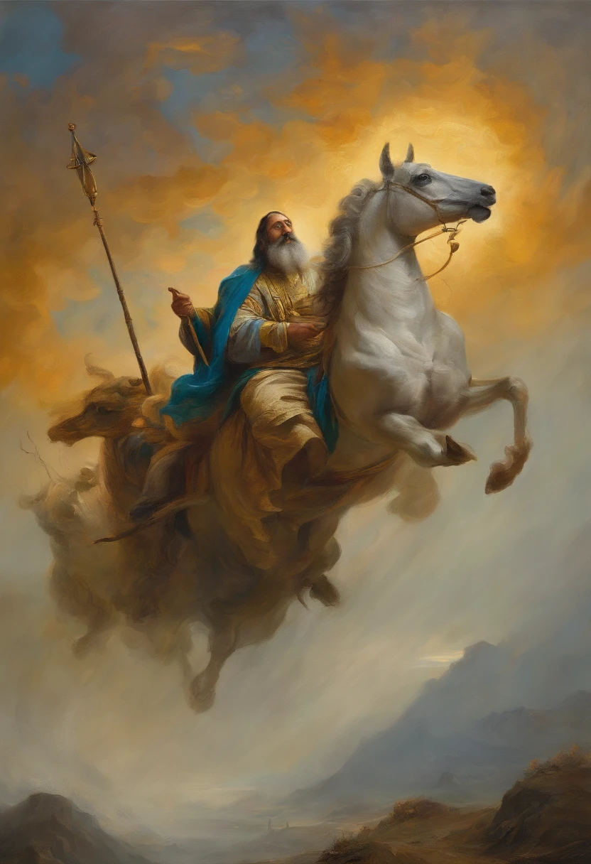 A painting of the prophet Elijah riding a chariot in the sky, carruagem, epic biblical representation, Directed by: Cheng Zhengkui, epic oil painting, Directed by: Konrad Klapheck, the wise man is riding on top, Directed by: Shen Che-Tsai, Rob Rey, Hora do Pai, Directed by: Grzegorz Domaradzki, Directed by: Laszlo Balogh