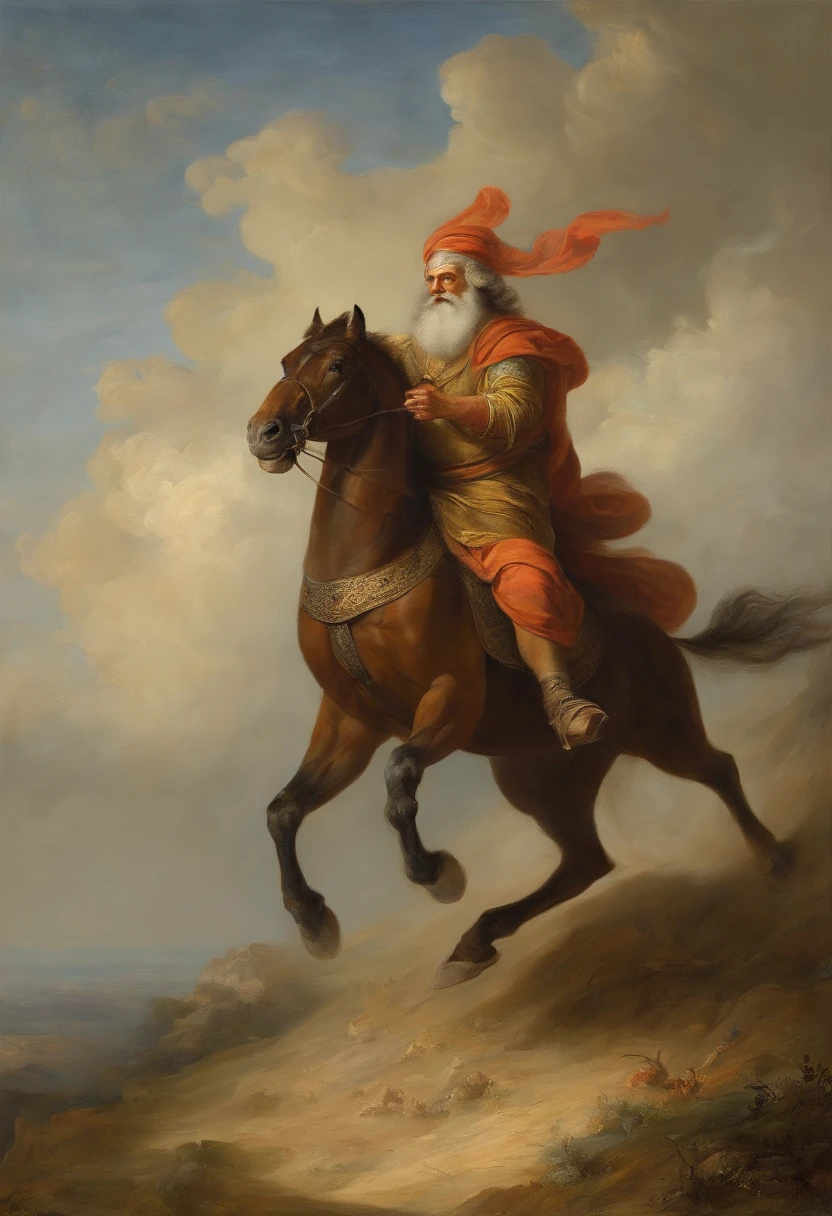 A painting of the prophet Elijah riding a chariot in the sky, carruagem, epic biblical representation, Directed by: Cheng Zhengkui, epic oil painting, Directed by: Konrad Klapheck, the wise man is riding on top, Directed by: Shen Che-Tsai, Rob Rey, Hora do Pai, Directed by: Grzegorz Domaradzki, Directed by: Laszlo Balogh