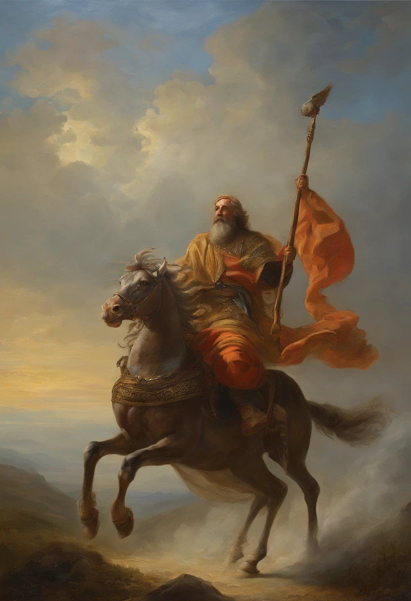 A painting of the prophet Elijah riding a chariot in the sky, carruagem, epic biblical representation, Directed by: Cheng Zhengkui, epic oil painting, Directed by: Konrad Klapheck, the wise man is riding on top, Directed by: Shen Che-Tsai, Rob Rey, Hora do Pai, Directed by: Grzegorz Domaradzki, Directed by: Laszlo Balogh