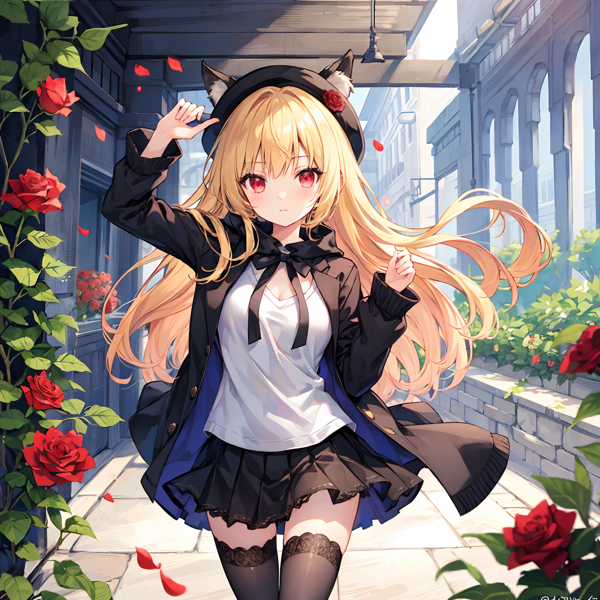 Blonde and red-eyed girl、Fluffy clothes、Surrounded by roses、a miniskirt、Black tights