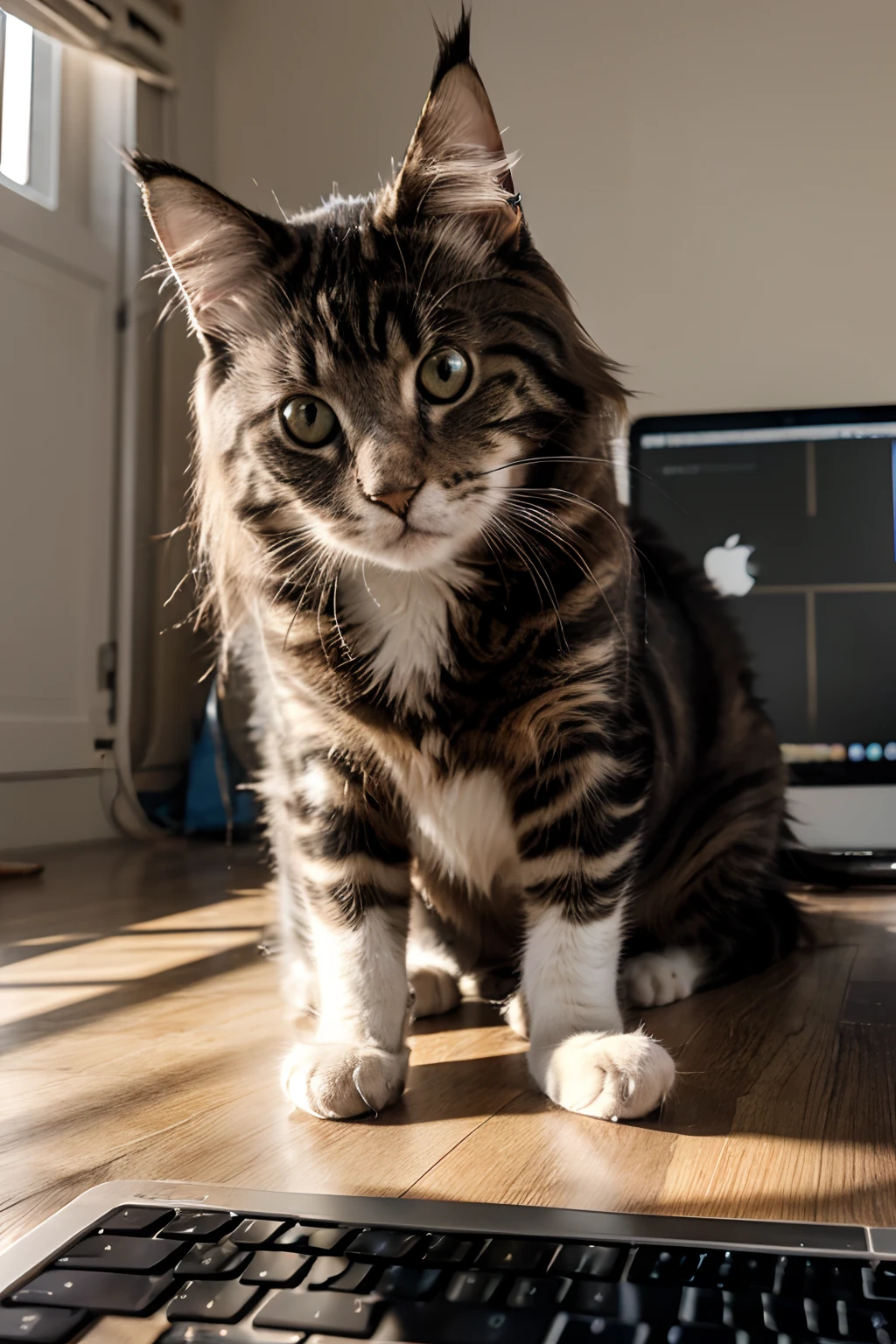 realistic photos of (1 cute cat) maine coon, Master Parts, 1 round eyes cat, matrix style, sliver tabby, Type the Macbook keyboard, Sitting in front of the Mac, Lunette de soleil, Dynamic Angle, Best Quality, 4K,