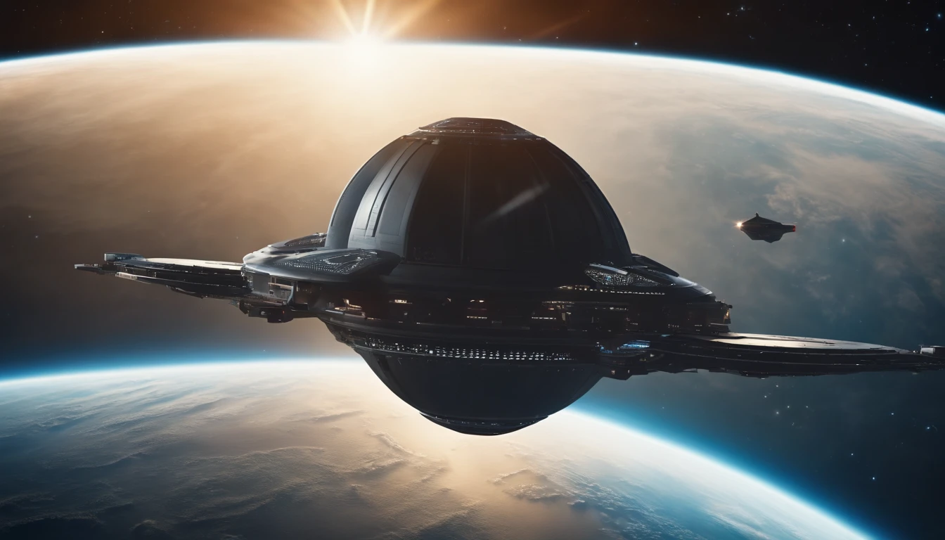 Starship leaving space dock with earth in background