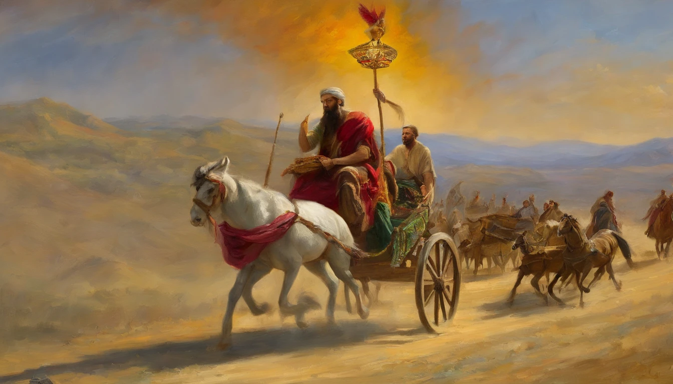 A painting of the prophet Elijah riding a chariot in the sky, carruagem, Carruagem em chamas, chariot Epic Biblical depiction, Directed by: Cheng Zhengkui, epic oil painting, Directed by: Konrad Klapheck, the wise man is riding on top, Directed by: Shen Che-Tsai, Rob Rey, Hora do Pai, Directed by: Grzegorz Domaradzki, Directed by: Laszlo Balogh