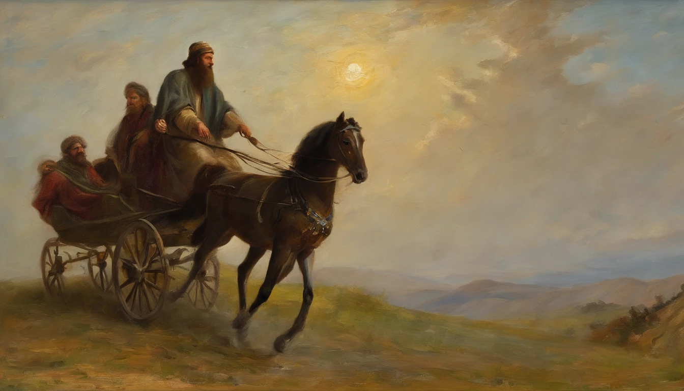A painting of the prophet Elijah riding a chariot in the sky, carruagem, Carruagem em chamas, chariot Epic Biblical depiction, Directed by: Cheng Zhengkui, epic oil painting, Directed by: Konrad Klapheck, the wise man is riding on top, Directed by: Shen Che-Tsai, Rob Rey, Hora do Pai, Directed by: Grzegorz Domaradzki, Directed by: Laszlo Balogh