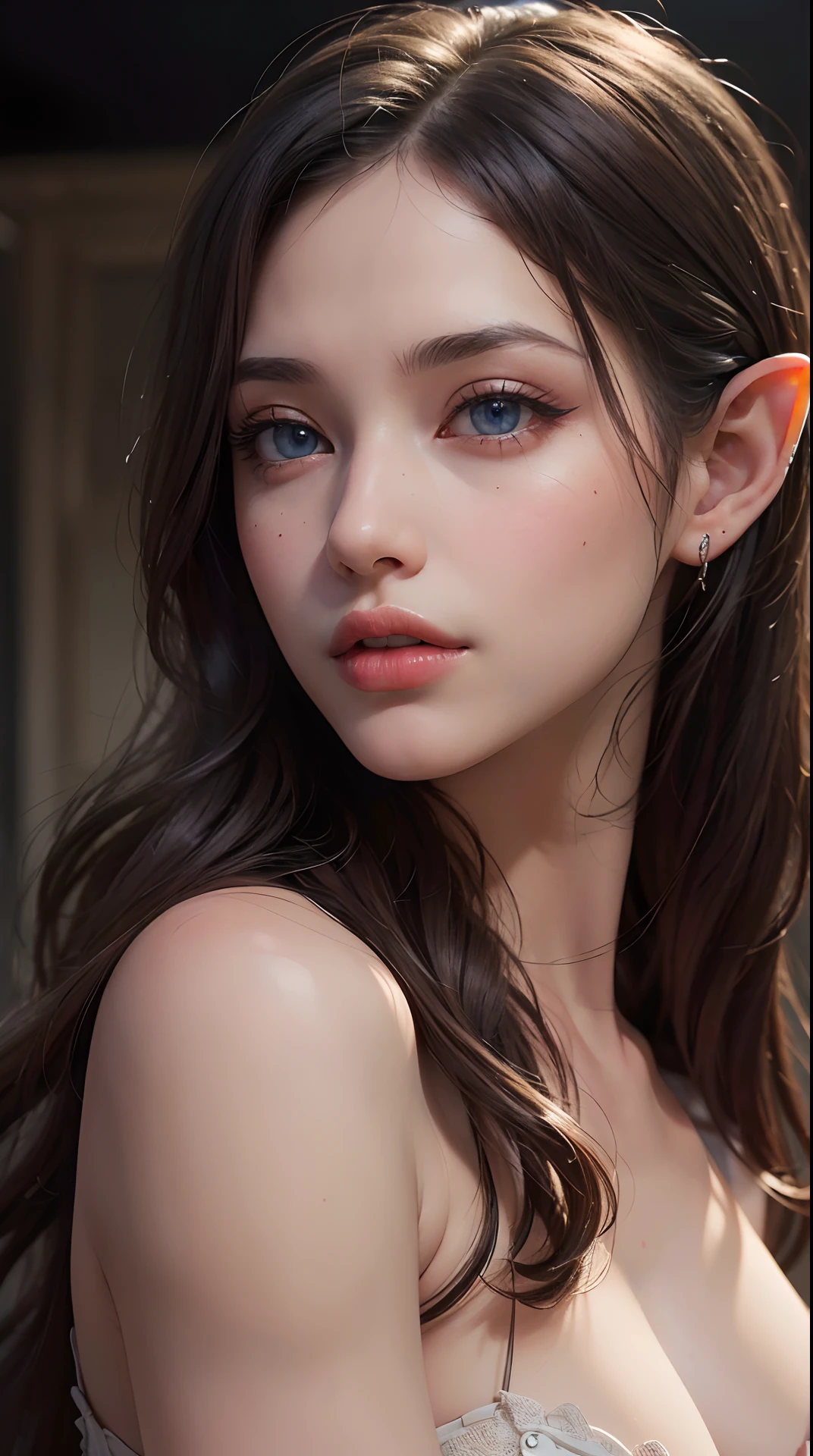 Ultra-detailed complex 3D rendering of the face, (Colossal: 8.8), (masterpiece, top quality, octane rendering, 8K), glamour shot full body image, very beautiful young elf, cleavage, (very detailed skin: 1.2), (exposure: 1.1), brown hair, (wearing a plummeted open shirt of white silk: 1.5)), beautiful Caucasian woman with white skin with full soft breasts with big buttocks, 1 person, long braided hair, big breasts, dynamic angle, mystical expression, ultra-realistic photos, (((((portrait))), bare feet, futuristic urban background, facial muscles, detailed and beautiful queen crown, in the style of Marvel Comics, ArtStation trends, clear focus, studio photography, intricate details, very detailed, detailed red eyes, very detailed, Sharp Focus, Digital Rendering, Professional, Abs, Dark Grey Background, Shot with Canon EOS R 6, (((((Sexy Pose)))),