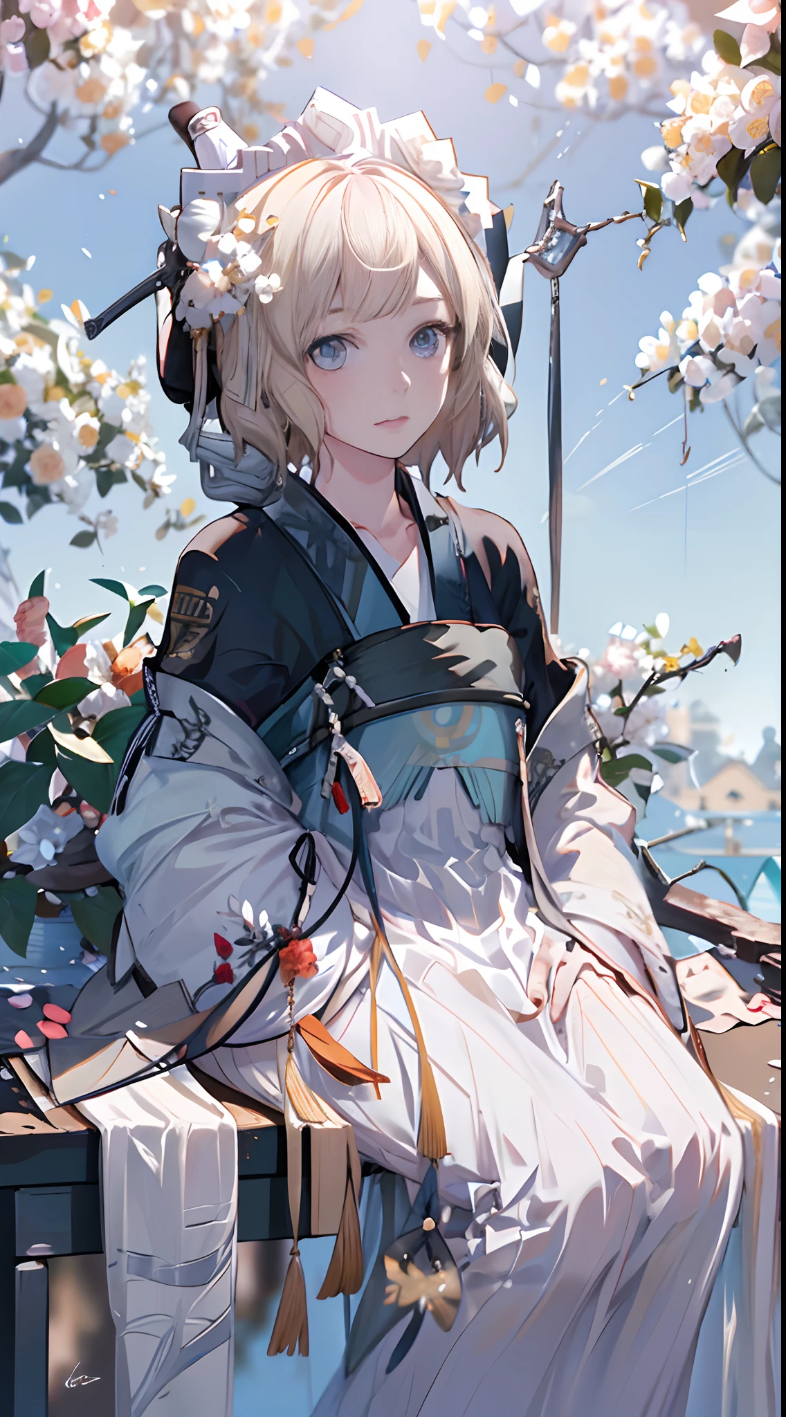 1girll,sandrone, Blonde hair, eBlue eyes ,((Hat)),(((Sitting))),exteriors，blue-sky，flower  field,((Anne Hathaway)),(((Hanfu)))