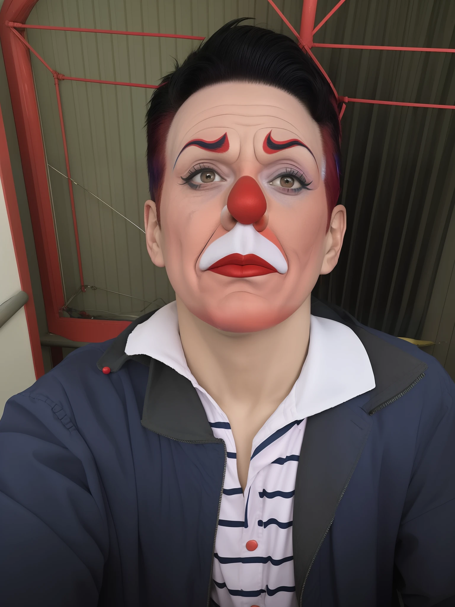 Clown in red jacket and colorful wig with arms out, clown, pauline hanson as a clown, capitalist clown, wearing accurate clown makeup, clown waving hello, clowns, cutecore clown, the clown is far from the camera, clown makeup and rainbow wig, scary clown, wearing clown makeup, Clown Donald Trump, communist clown, circus clowns, clown face