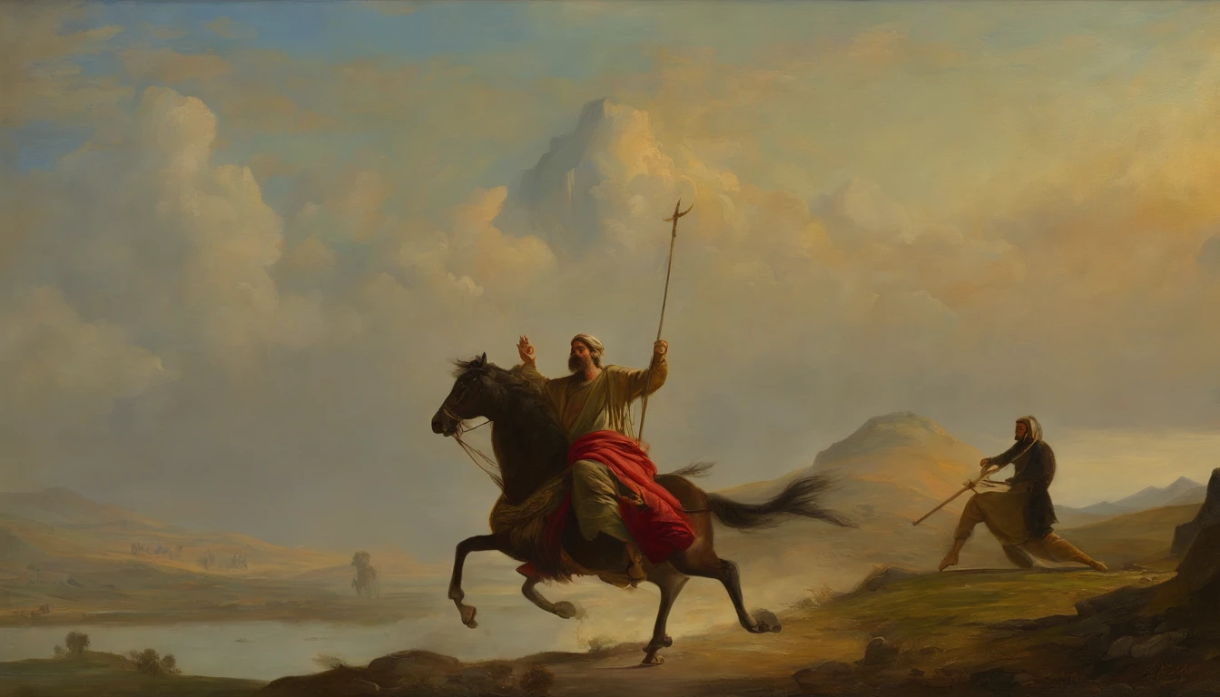 A painting of the prophet Elijah riding a chariot in the sky, chariot, Chariot on fire, chariot Epic Biblical representation, Director: Cheng Zhengkui, epic oil painting, Director: Konrad Klapheck, The Sage is riding on top, Director: Shen Che-Tsai , Rob Rey, Father's Time, Director: Grzegorz Domaradzki, Director: Laszlo Balogh