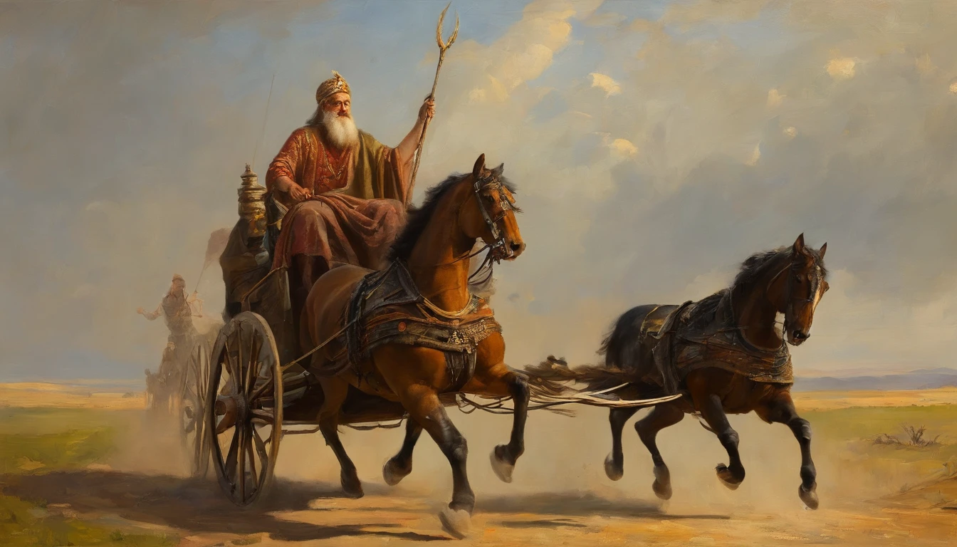 A painting of the prophet Elijah riding a chariot in the sky, chariot, Chariot on fire, chariot Epic Biblical representation, Director: Cheng Zhengkui, epic oil painting, Director: Konrad Klapheck, The Sage is riding on top, Director: Shen Che-Tsai , Rob Rey, Father's Time, Director: Grzegorz Domaradzki, Director: Laszlo Balogh