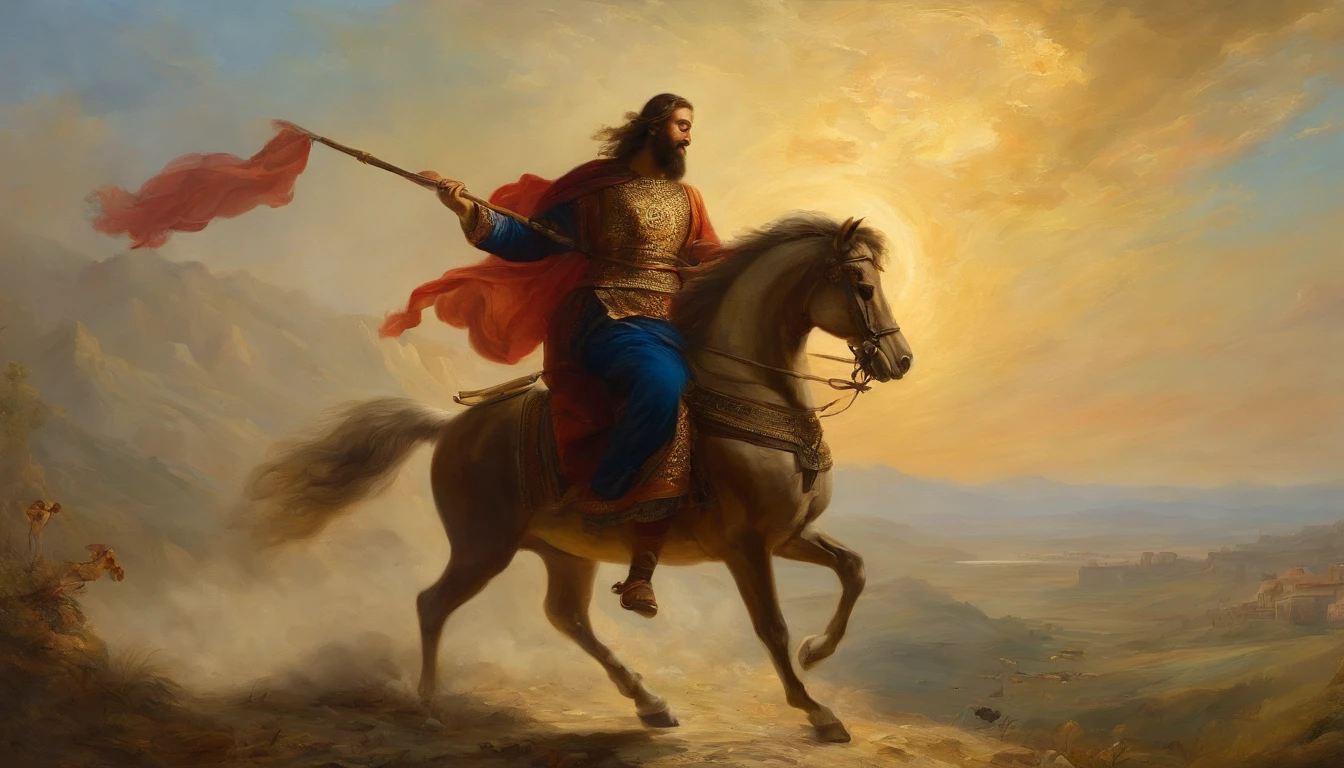 "Stunning cover in Baroque painting style depicting an epic scene of Saint George mounted on his horse Rocinante, wearing his rusty armor and shield with a red and white cross wielding his spear. St. George appears full-body in the foreground, em uma pose heroica com Rocinante empinado. Holding his sword and a dead dragon to the ground. Ao fundo, A field of windmills stretches to the horizon under an overcast sky. Don Quixote's face under the helmet is determined and visionary, pronto para a aventura. Uses dramatic tones, Theatrical lighting and elaborate textures, with striking brushstrokes in oil. The scene is thorough and hyper-realistic in 8K, but with a classic look of baroque painting. No errors or distortions. Upscaler: RealESRGAN