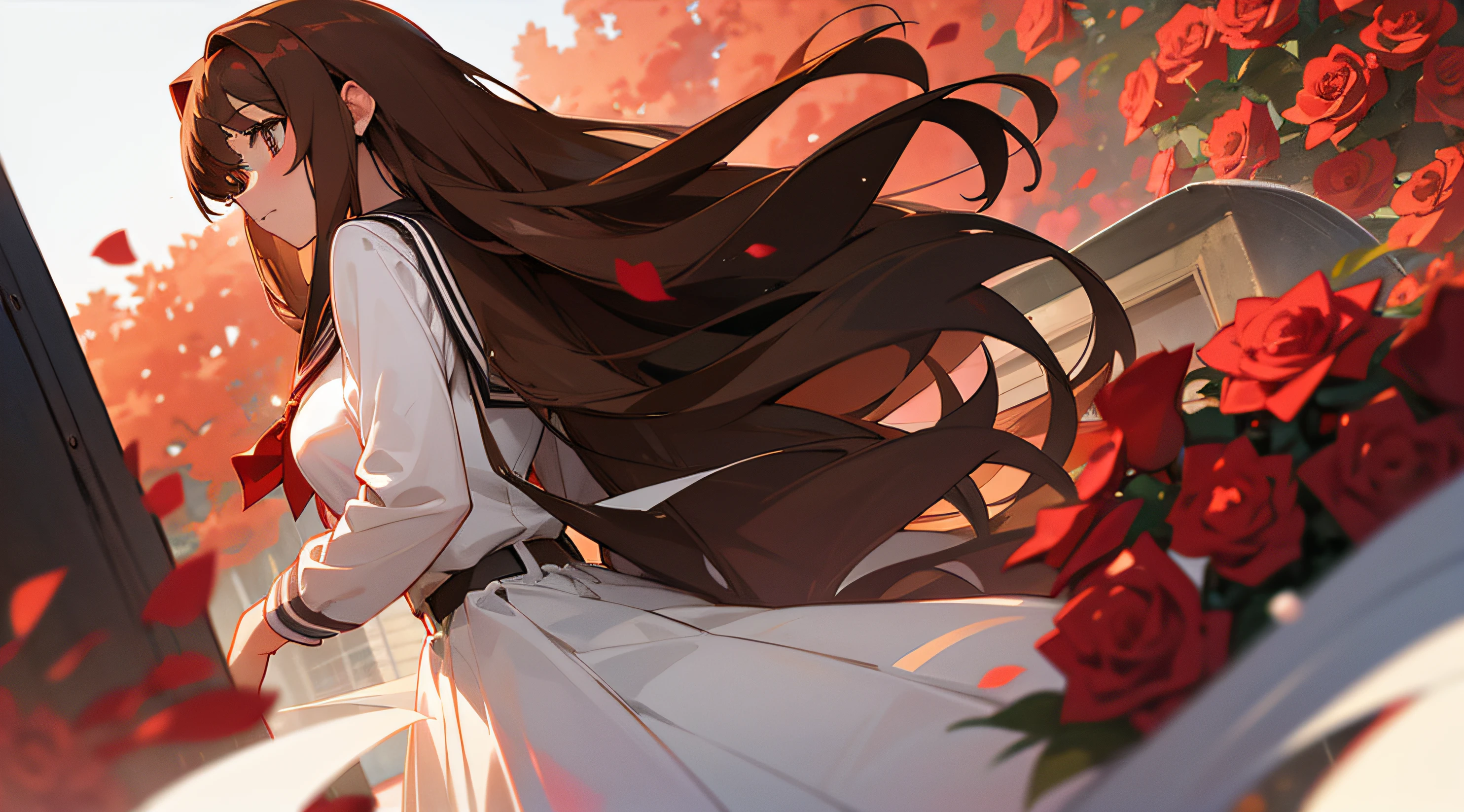 Girl with long brown hair and with a guy. red roses. high school uniform