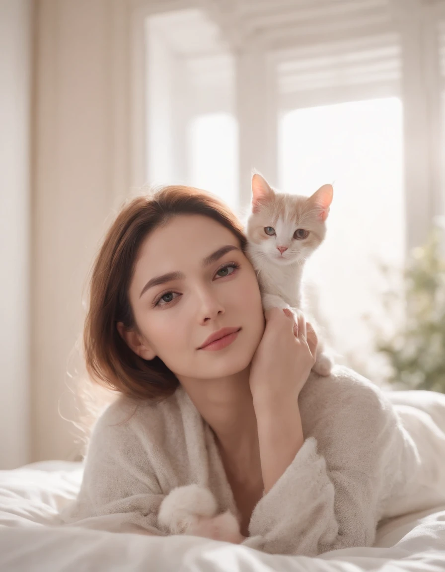 (best quality,highres,masterpiece:1.2),ultra-detailed,realistic:1.37,woman lying on cozy bed,80s style,comfortable fashion,cat companion,feline friend,reclining pose,dreamy atmosphere,vibrant colors,retro vibes,warm sunlight streaming through window,artistic photography,bedroom setting,relaxed expression,soft bedding,cat curled up next to her,fond and peaceful moment,half body shot