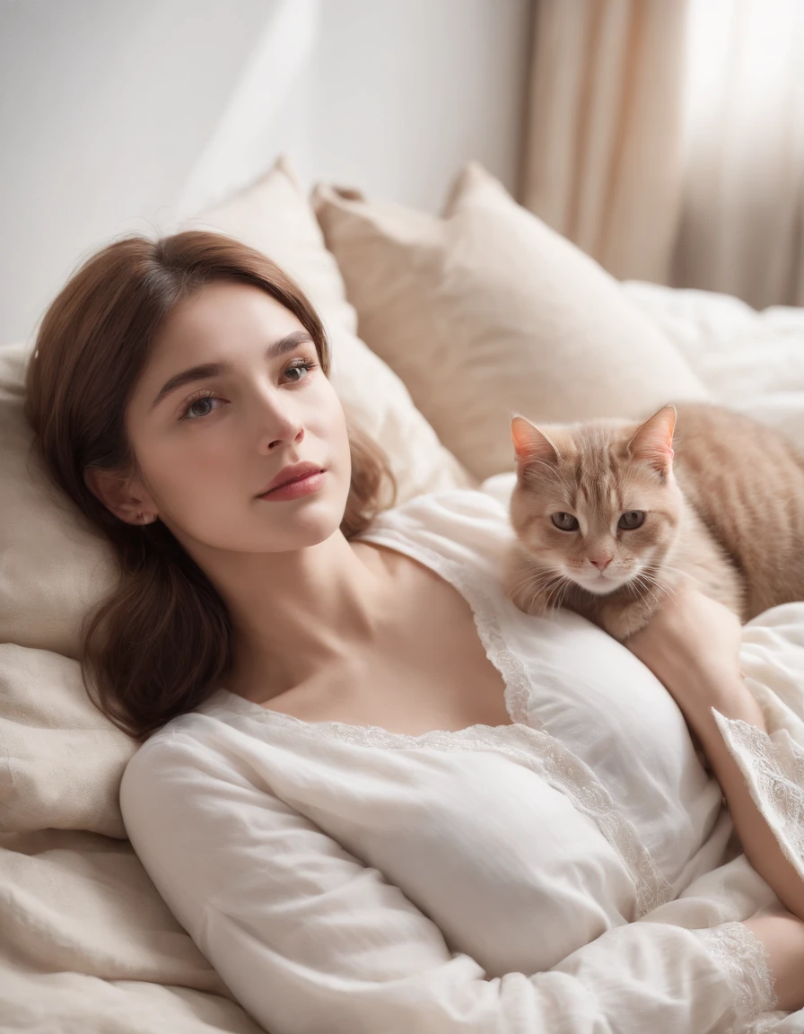 (best quality,highres,masterpiece:1.2),ultra-detailed,realistic:1.37,woman lying on cozy bed,80s style,comfortable fashion,cat companion,feline friend,reclining pose,dreamy atmosphere,vibrant colors,retro vibes,warm sunlight streaming through window,artistic photography,bedroom setting,relaxed expression,soft bedding,cat curled up next to her,fond and peaceful moment,half body shot