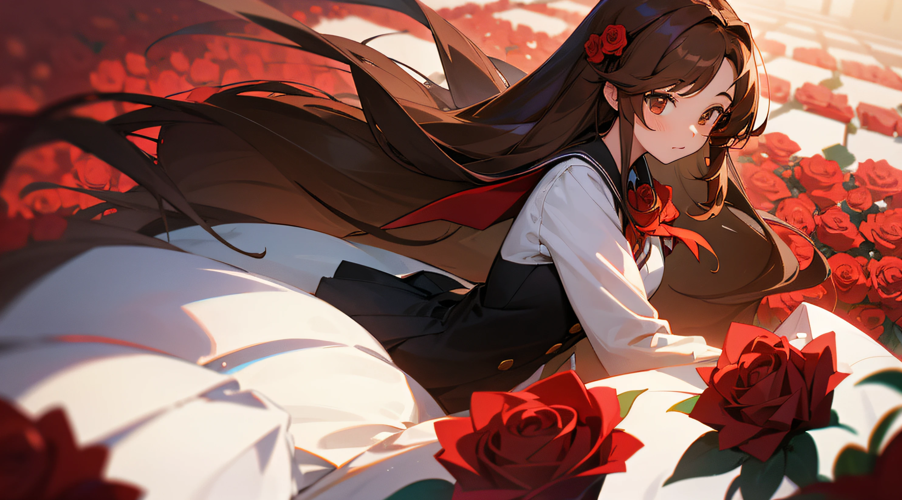 Girl with long brown hair and with a guy. red roses. high school uniform