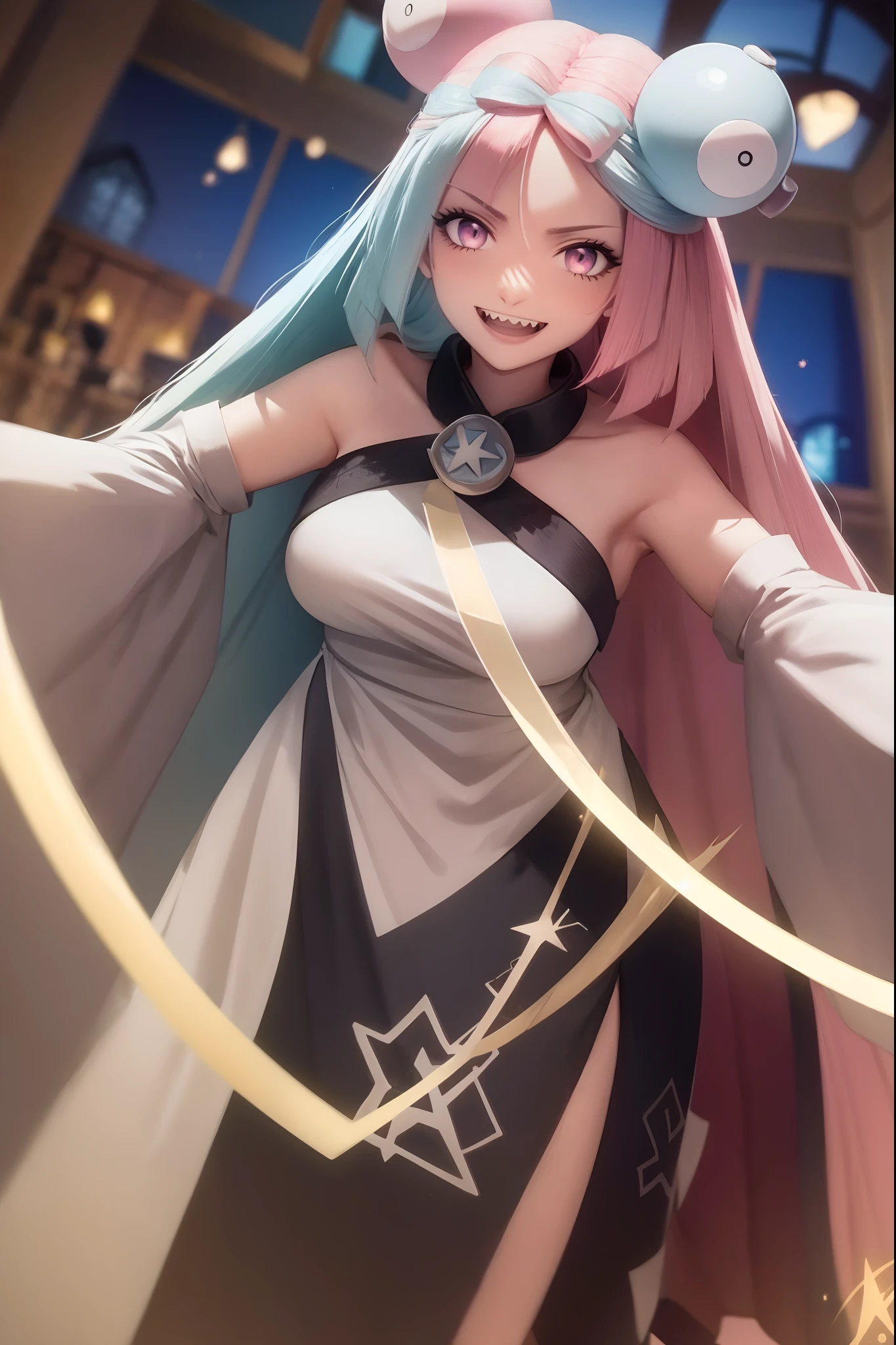 iono,1 girl,pink eyes,solo,smile,open mouth,fangs ,indoors,woman-medieval-clothes, priestess, sword holding, smile