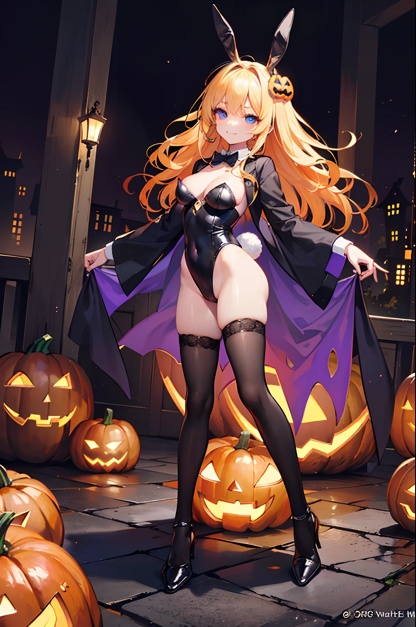 (Official art、Best Quality、Unity 8k Wallpapers、32K、masterpiece、ultra-detailliert、超A high resolution、realisitic、Photorealsitic:1.2)、(Cinematic lighting:1.2)、Fireglow effect、film grains、Best Shadows、(Ultra-detailed and complex 3D rendering)、Detailed beautiful face and eyes、A slender、Medium bust、(Full body:1.2)、side lights、 Highly detailed background、(super detailed skin、detailed skin textures:1.3)、(Close-up of a group of carved pumpkins in the park, jack-o-lanterns, Pumpkin glowing under the tree, Halloween atmosphere, Halloween Scene, jack - o'- lantern, pumpkins, Evil spirits walk around with lanterns, halloween celebration, Halloween, Spooky and scary atmosphere, halloween theme, Halloween Decorations, halloween night, shutterstock, trick or treat, edited、Very colorful、Vivid Color)、shinny skin、 20-year-old beauty、Beautiful wavy platinum blonde hair、 Blue eyes、beauitful face、Playboy Bunny Girl、High-cut leotards、a bow tie、Cuffs、Wearing fishnet stockings、Black rabbit ears、Ghost pumpkin hair ornament、with a rabbit tail on the buttocks,,,,,、Holding a haunted pumpkin in both hands、Bring your arms forward、(Happy expression on face、Self-satisfied smile:1.2)、dynamicposes