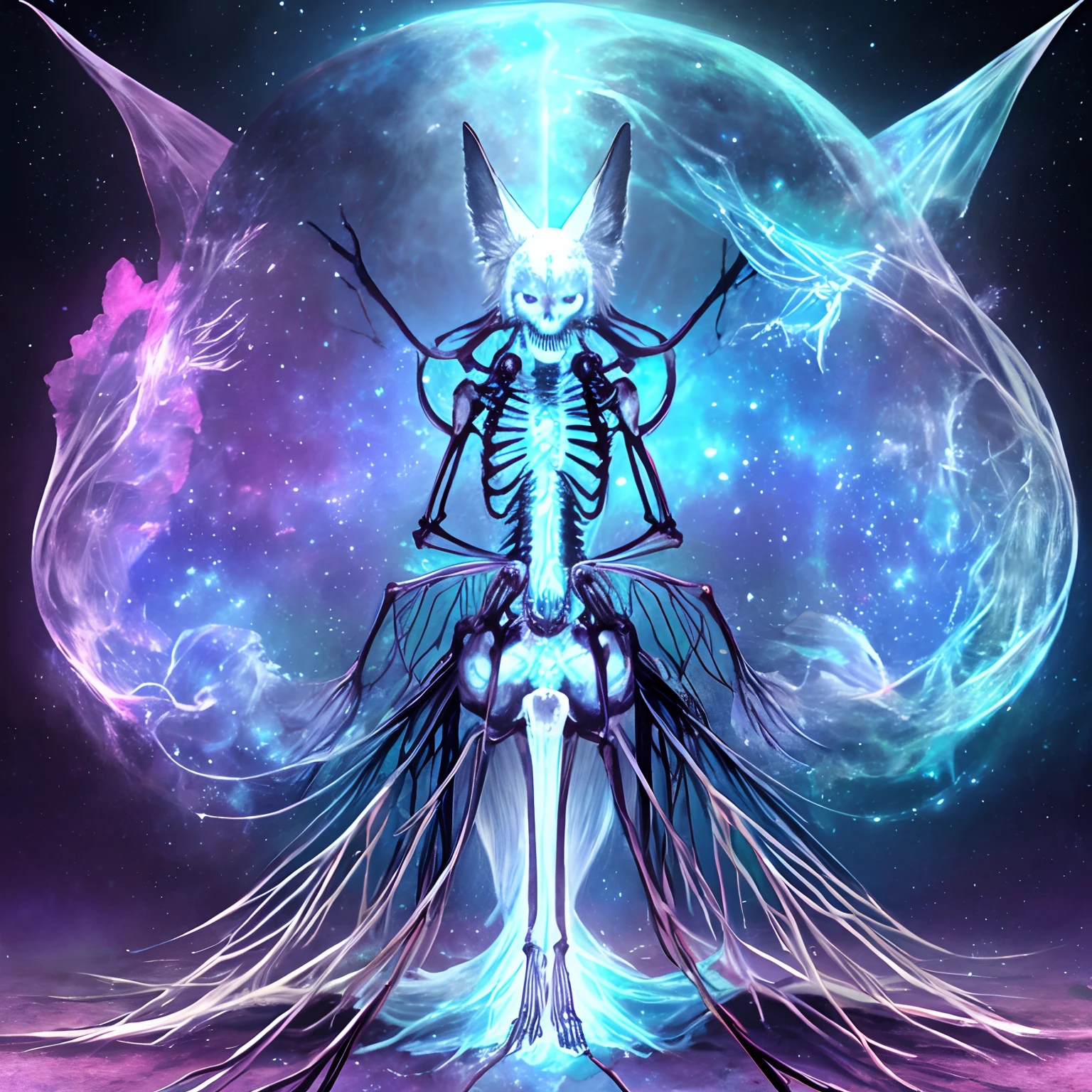 Nebula colored two tailed skeletal fox skeleton sitting facing forward
