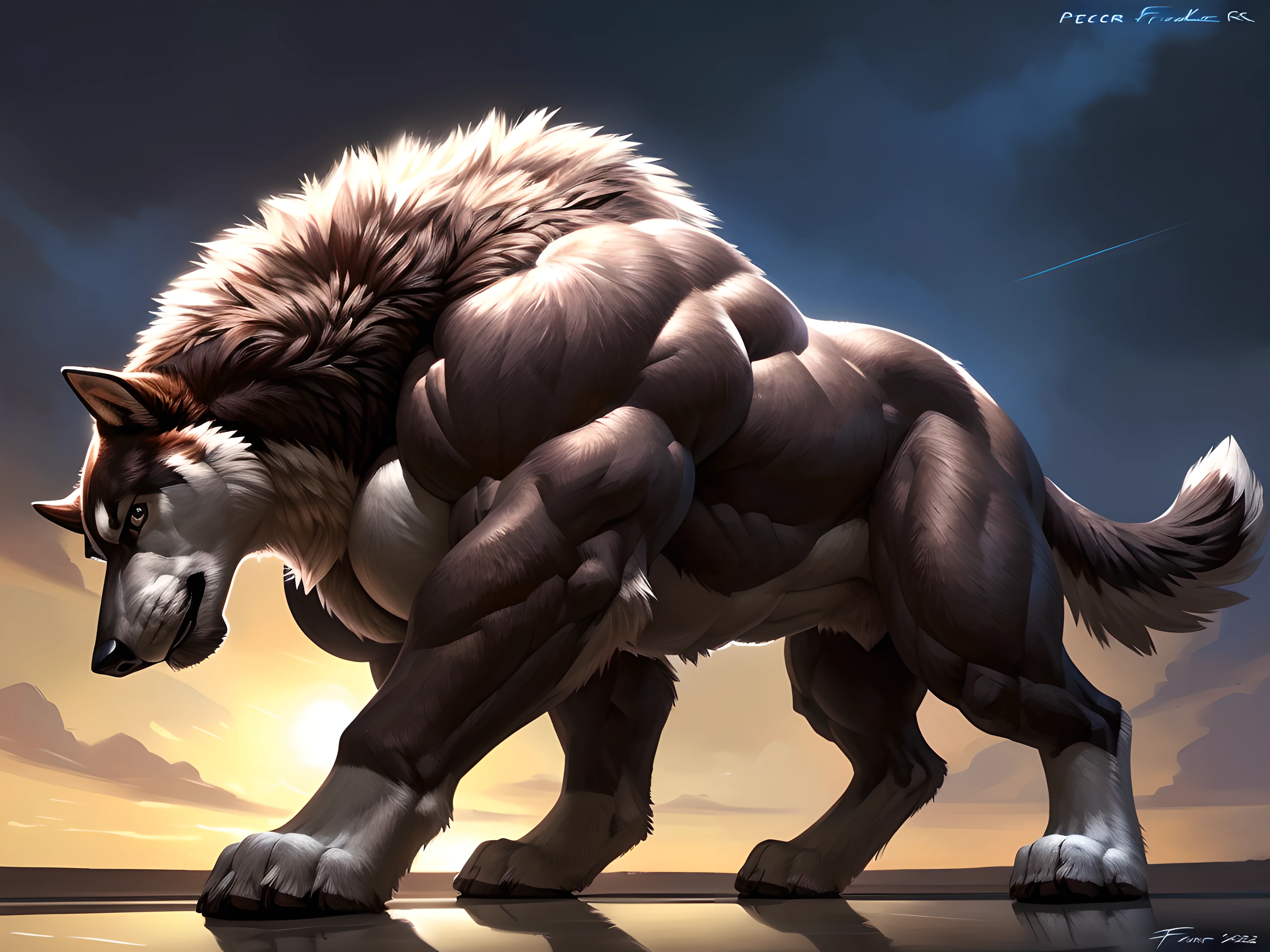 muscular feral wolf posing for the camera, standing, (front view, facing the camera:1.2), (low angle-shot:1.2), 4k, high resolution, best quality, perfect colors, perfect shadows, perfect lighting, posted on e621, (black wolf, black body:1.1), (feral body, feral wolf, quadruped wolf:1.05), wolf, (solo:1.1), male, adult, very masculine, (very muscular feral, very buff feral, biceps, muscular legs, defined muscles, heavyweight, thick build:1.5), (anthro pecs, pectorals, large pecs, strong chest:1.7), correct , (photorealistic fur, detailed fur, epic, masterpiece:1.2), (sunset sky background, stars, beautiful sky:1.3), sexy shadows, (by Taran Fiddler, by rukis, chunie lighting), (by echin:0.5), (detailed eyes:1.2), impressive physique, serious face, strong chest, (close-up:1.0), short fur, tight muscles, alpha wolf
