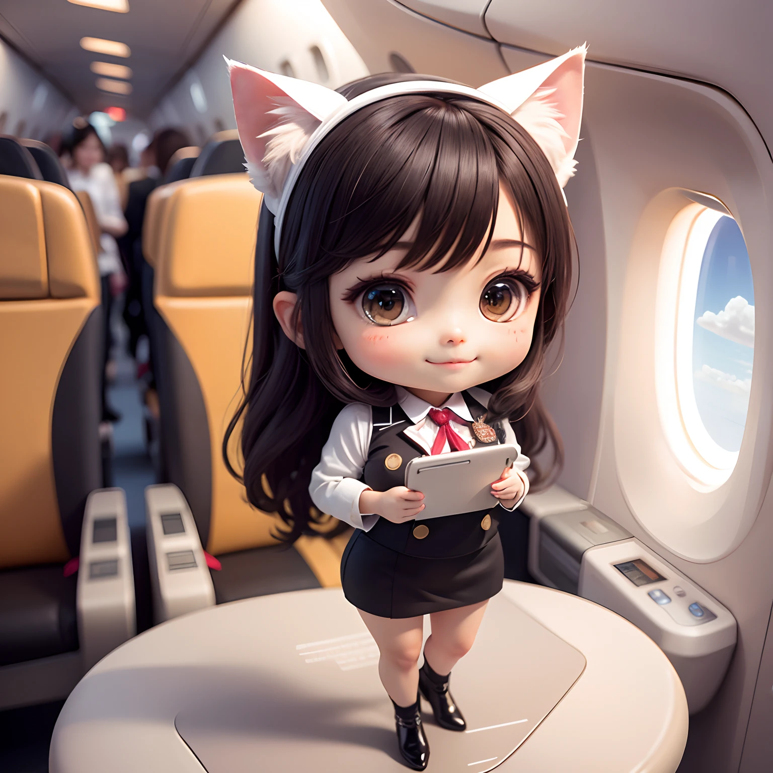 ​masterpiece、top-quality、ultra-detailliert、1 Cat Ear Chibi Flight Attendant、Stewardess uniform、kawaii、high-heels、Inside the plane、A detailed face、a smile、Looking at the camera、
