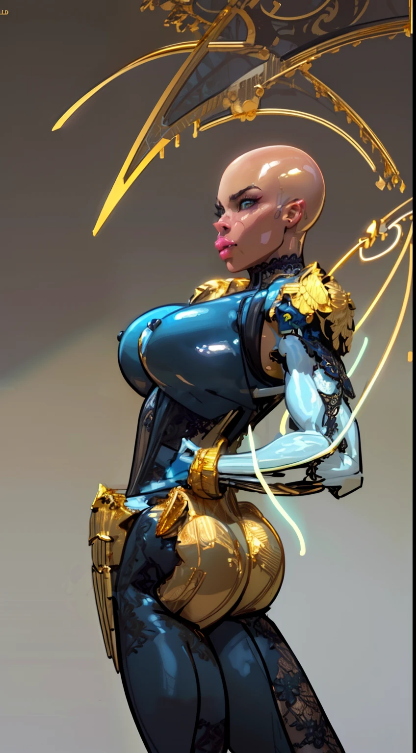 8k ((above view:1.3)), ((full body view))((back view:1.4))(large eyes:1.3), defined cheekbones, looking back, ((the pit style:1.4))((sleek dark blue bodysuit:1.6)) ((intricate lace details:1.6))detailed face:1.5), lightblue skin,(puffy lips:1.5) (lightblue skin:1.6), (bald woman:1.7), (skinhead) ((sexy pose)),(Muscular:1.3), ((gigantic breasts:1.5)), )highly detailed, Volumetric lighting, baroque oil painting by Greg Rutkowski, Artgerm, WLOP, dynamic angle,((intricate neon lines on bodysuit:1.3)), majestic, digital photography, best shadow, light particles, art by artgerm and ruan jia and greg rutkowski, ((gold shoulder pads:1.6)), (masterpiece), sidelighting, intricate details, (((black color palette)))