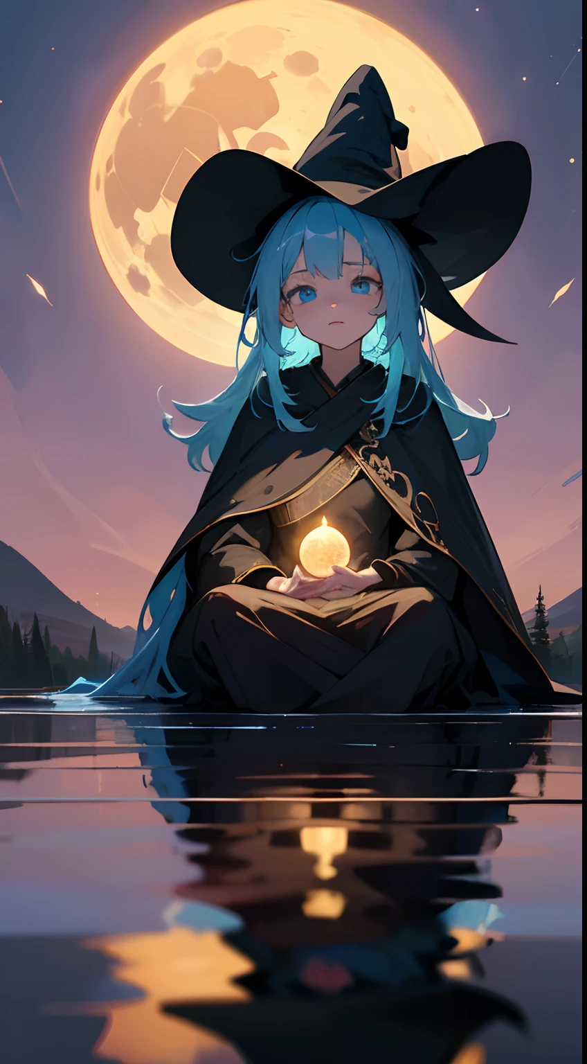 ((masterpiece)), best quality, a mysterious witch meditating on a lake, 1girl, gorgeous, spell, witch, holding circle, earth, moon in the background, reflections, depth, bokeh, traced lights, peace, peacefull, sitting, expressive eyes, blue eyes, glow eyes, light blue hair, particles, fantasy, magical, (perfect anatomy), (pefect scenary), spell, spell glow, breath taking, amazing view, golden details
(beautiful scenery),(perfect face),
BREAK A magical nighttime landscape bathed in ethereal glow and moonlight, the witch is wearing black clothes, a beautiful hat with golden details, a mysterious and magical atmosphere, the image transmit good vibes, the image pass peaceful emotions, peeaceful mood, cosy,confot
BREAK UHD,4K, digital art, visual masterpiece,complementary colors, harmony
