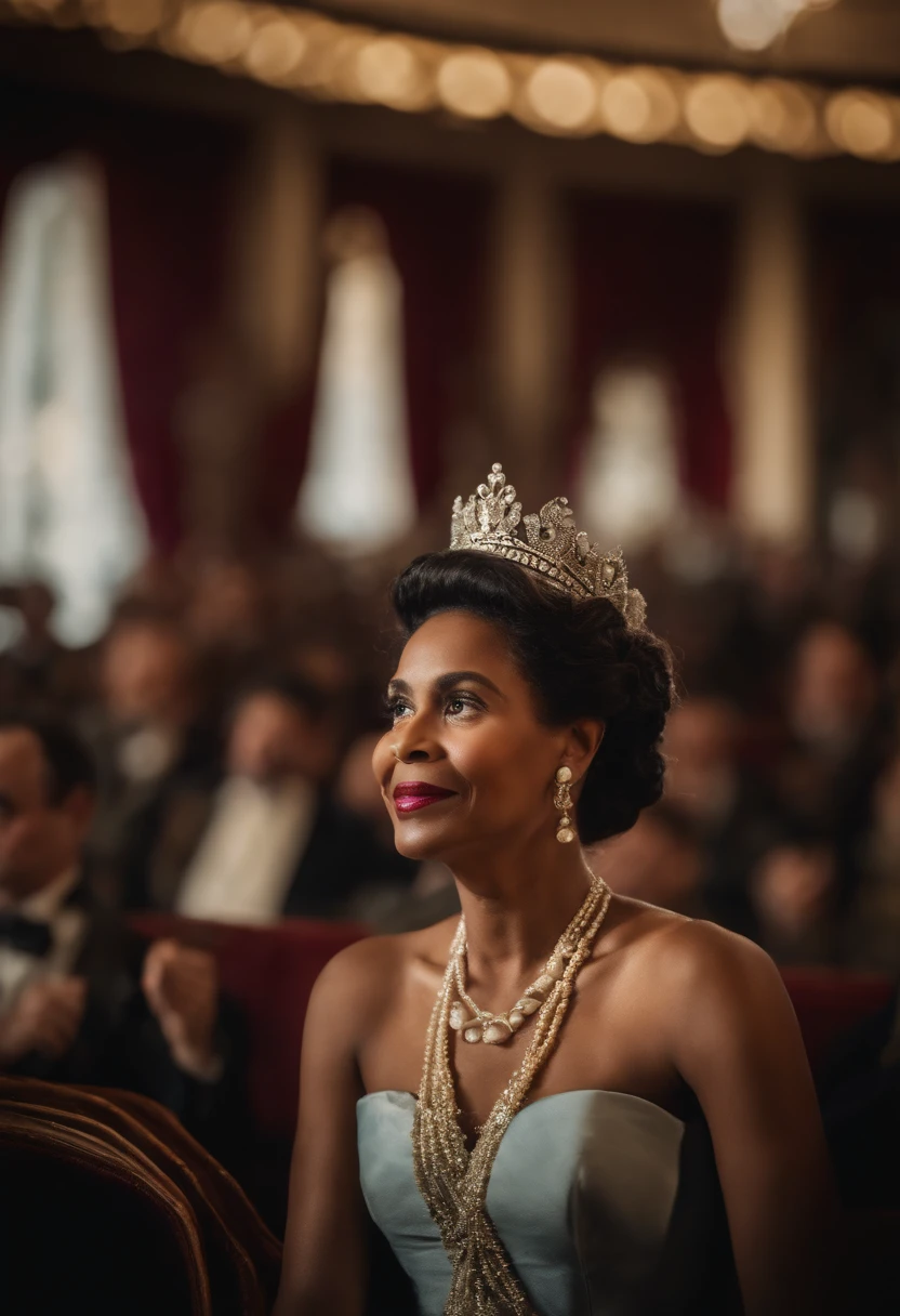 Ranavalona III, queen of Madagascar in 1900, Color image, in Arcachon, watching a theater show, She seems surprised and amused. She is wearing an elegant dress. Image quality: 4K.