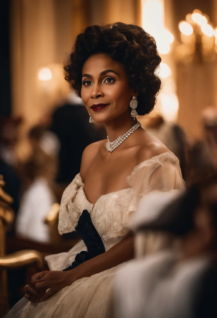 Ranavalona III, queen of Madagascar in 1900, Color image, in Arcachon, watching a theater show, She seems surprised and amused. She is wearing an elegant dress. Image quality: 4K.