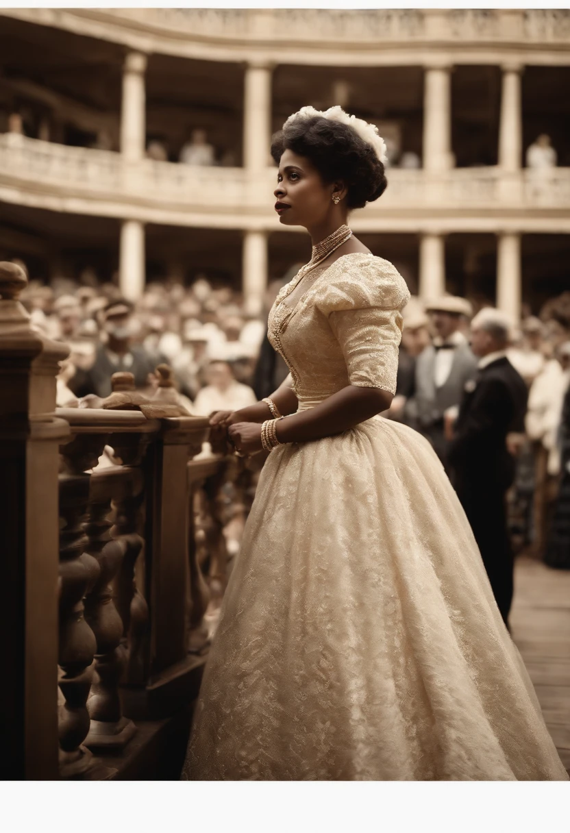 Ranavalona III, queen of Madagascar in 1900, Color image, in Arcachon, watching a theater show, She seems surprised and amused. She is wearing an elegant dress. Image quality: 4K.