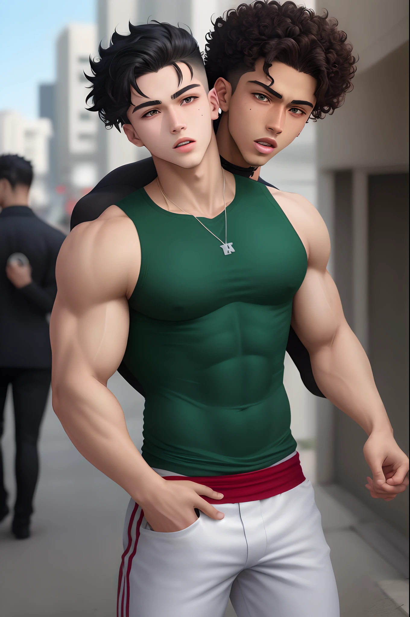 An anime bishounen teenager, with bright green eyes and short, curly jet black hair, possesses a brown complexion. He stands tall, boasting a broad chest and well-defined traps, dressed in trendy teenage attire. In a courageous act, he finds himself being choked by a man as he valiantly defends a girl. With a display of his Japanese/Lebanese/Puerto Rican heritage, he fights back, embodying a resemblance to Francisco Lachowski, Maluma, and Reggie Bush, all within the artistic style of Gundam Wing. Adorned with blood, he portrays a striking image.