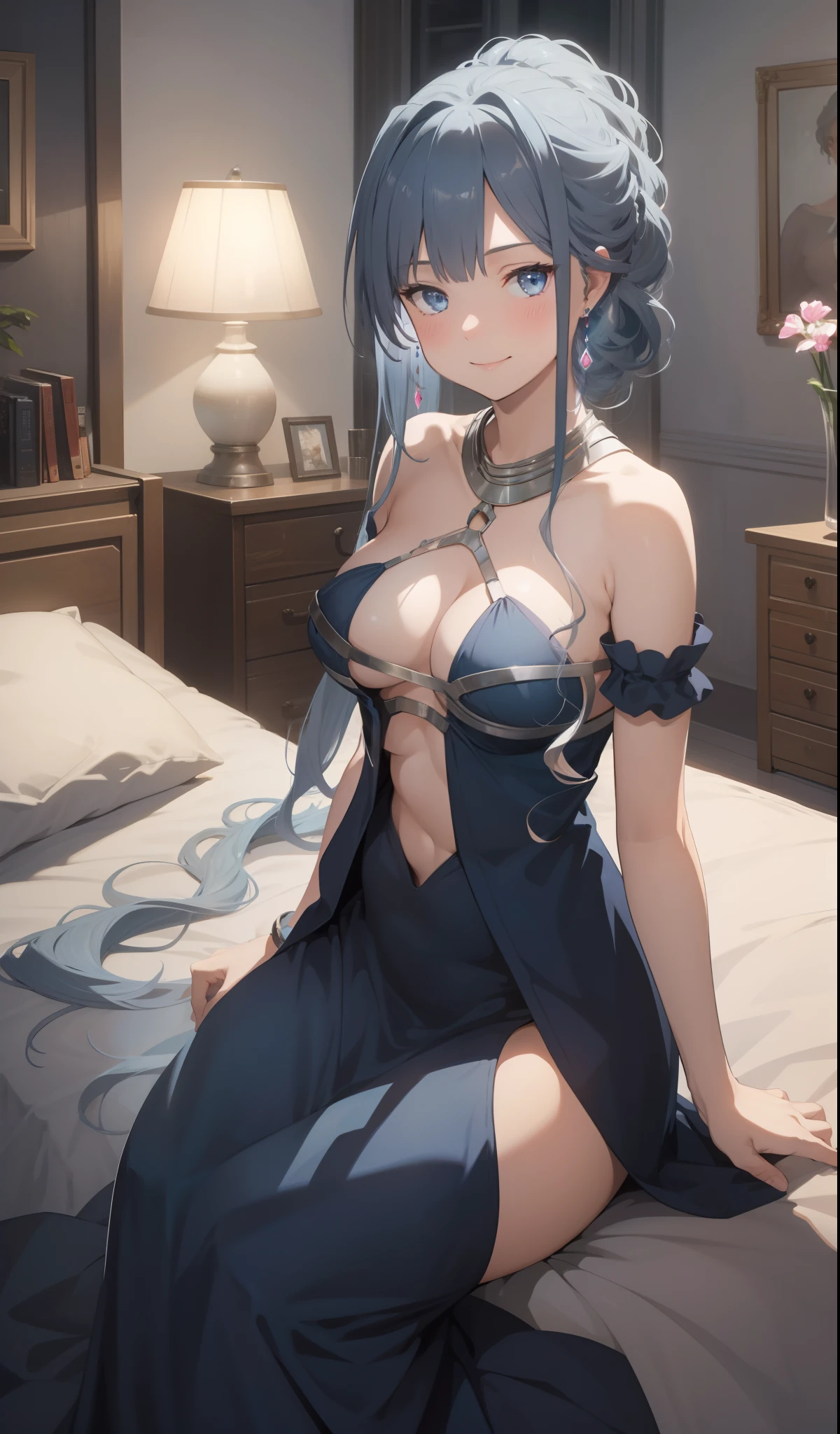 1girl, bare_shoulders, bed, bed_sheet, bedroom, blue_eyes, blue_hair, blush, braid, breasts, cleavage, collarbone, crown_braid, dress, indoors, lamp, large_breasts, long_hair, looking_at_viewer, off_shoulder, on_bed, open_mouth, pillow, puffy_short_sleeves, puffy_sleeves, short_sleeves, smile, solo, very_long_hair,