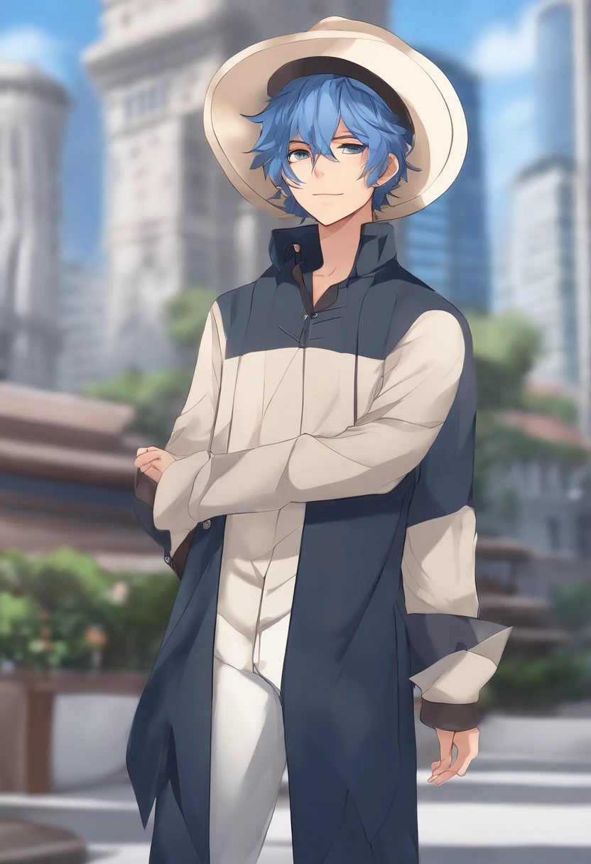 desenho dos desenhos animados de um menino com cabelo azul e uma cartola, 2 d estilo anime, personagem estilo anime, single character full body, como um personagem de anime, personagem de anime, 2 d anime, jovem homem de anime, full body adoptable, character with a hat, character adoptable, Fursona usando roupas estilosas, personagem de anime masculino, anime estilizado, em estilo anime