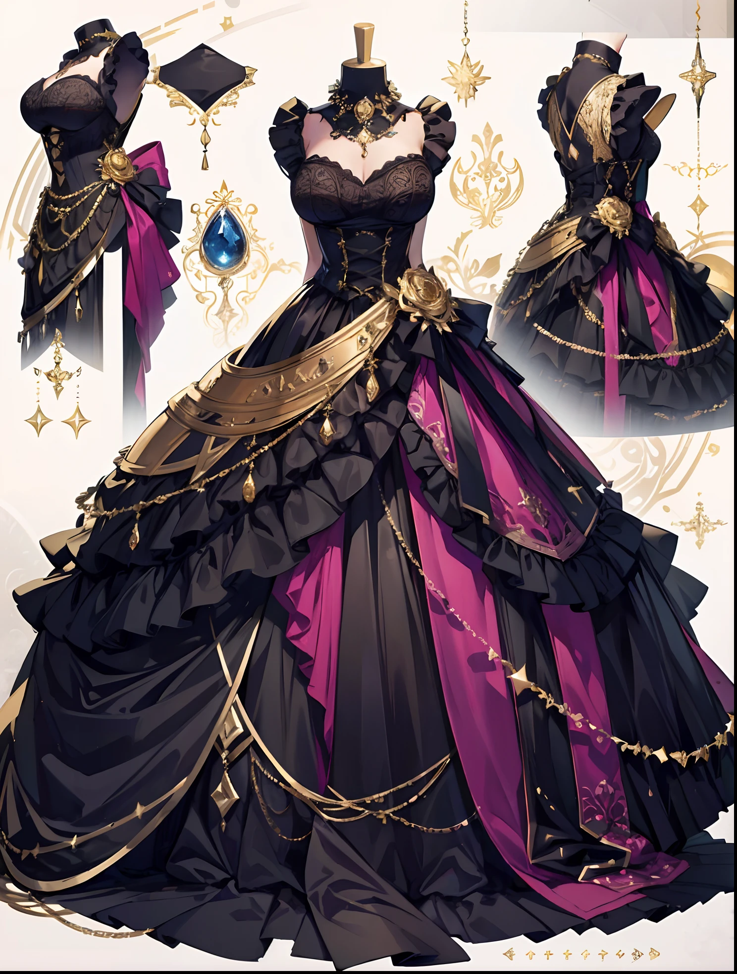 ((One girl)), Ultra-realistic photo of a girl in a majestic gold-black and gold ball gown dress, Big beautiful dress, Complex puffy ball gown with lots of frills and rhinestones (Best Quality, masutepiece, art stations, Fantasy Art:1.2), Palace rooms, Beautiful cute girl, (Long Black Hair:1.1), (Complex short gold skirt, Bare legs:1.2, Full body shot)