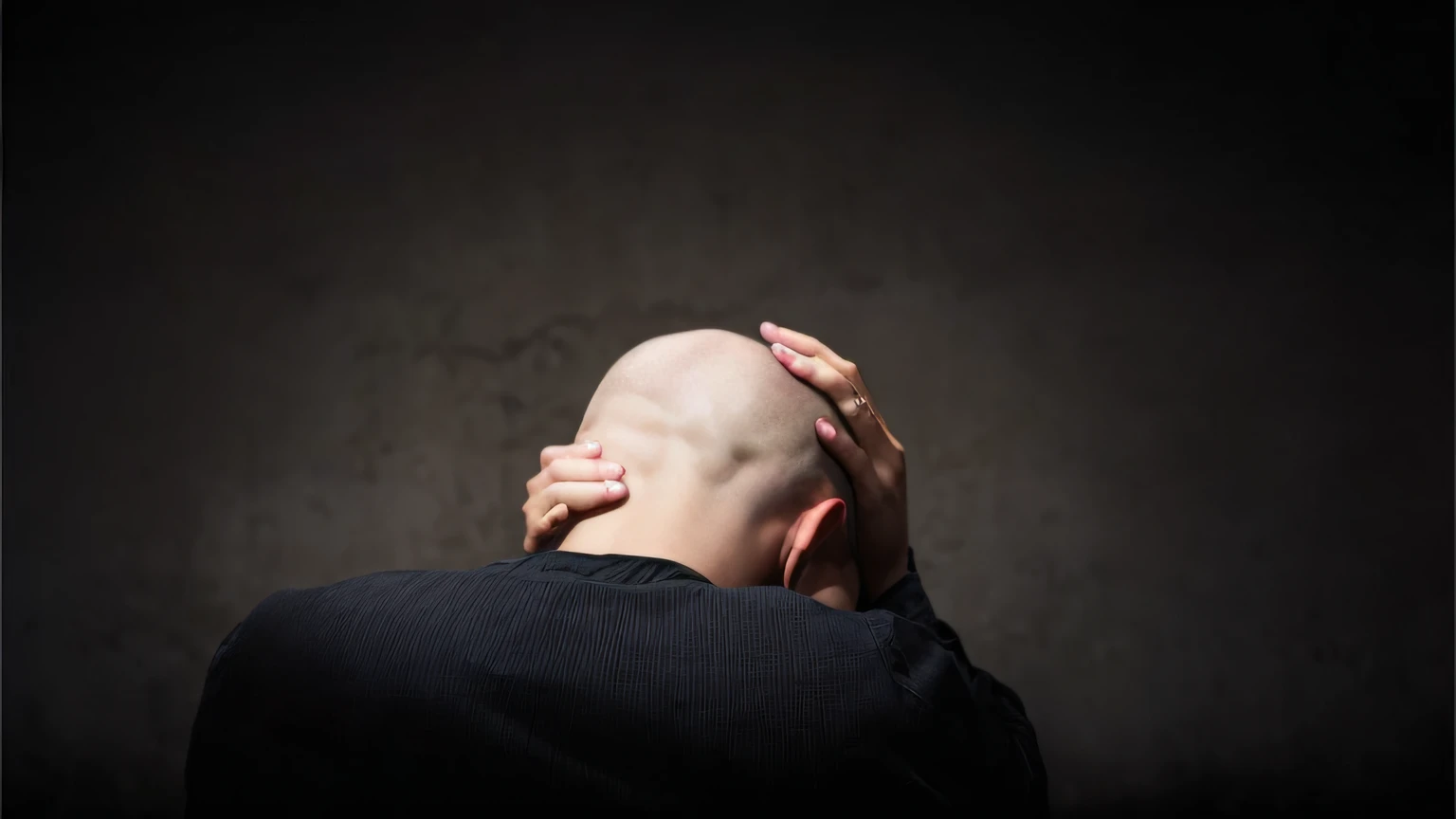 A closeup of a bald man with his hands on his head, head on hands, homem triste, bald man, triste, the futility of overexertion, resting head on hands, bald head, desespero, back of head, no head, Lutando, um homem muito triste, grim expression down, tristeza, balding, head bowed slightly