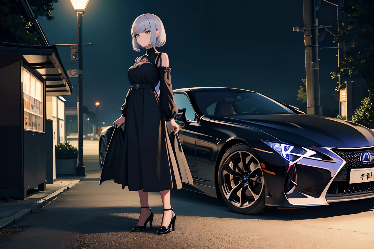 anime girl, anime girl wearing black dress, anime girl leaning on side of Lexus LC, lexus LC, girl detailed face, under a streetlight, vending machine in background, at nighttime, forest in background, in a forest, masterpiece, highest quality