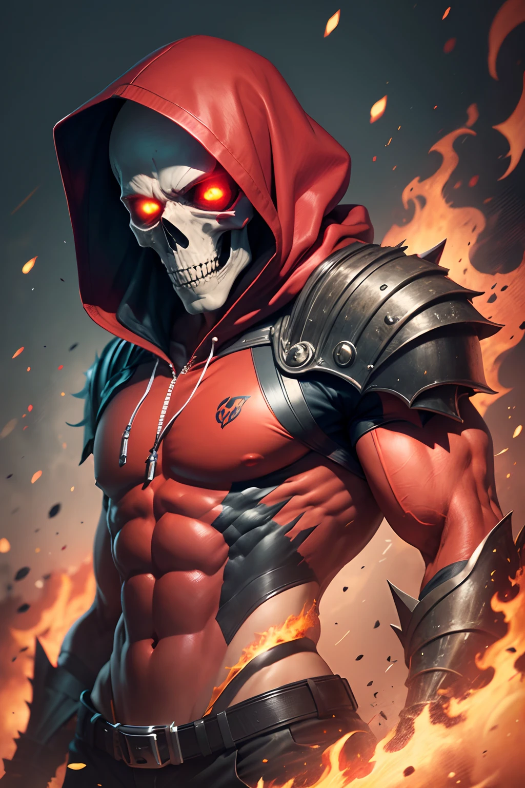 A villain man, intricate details, strong body, skull head, red eyes, wearing a hood, and a red with yellow sports uniform, realistic, burning background, FHD