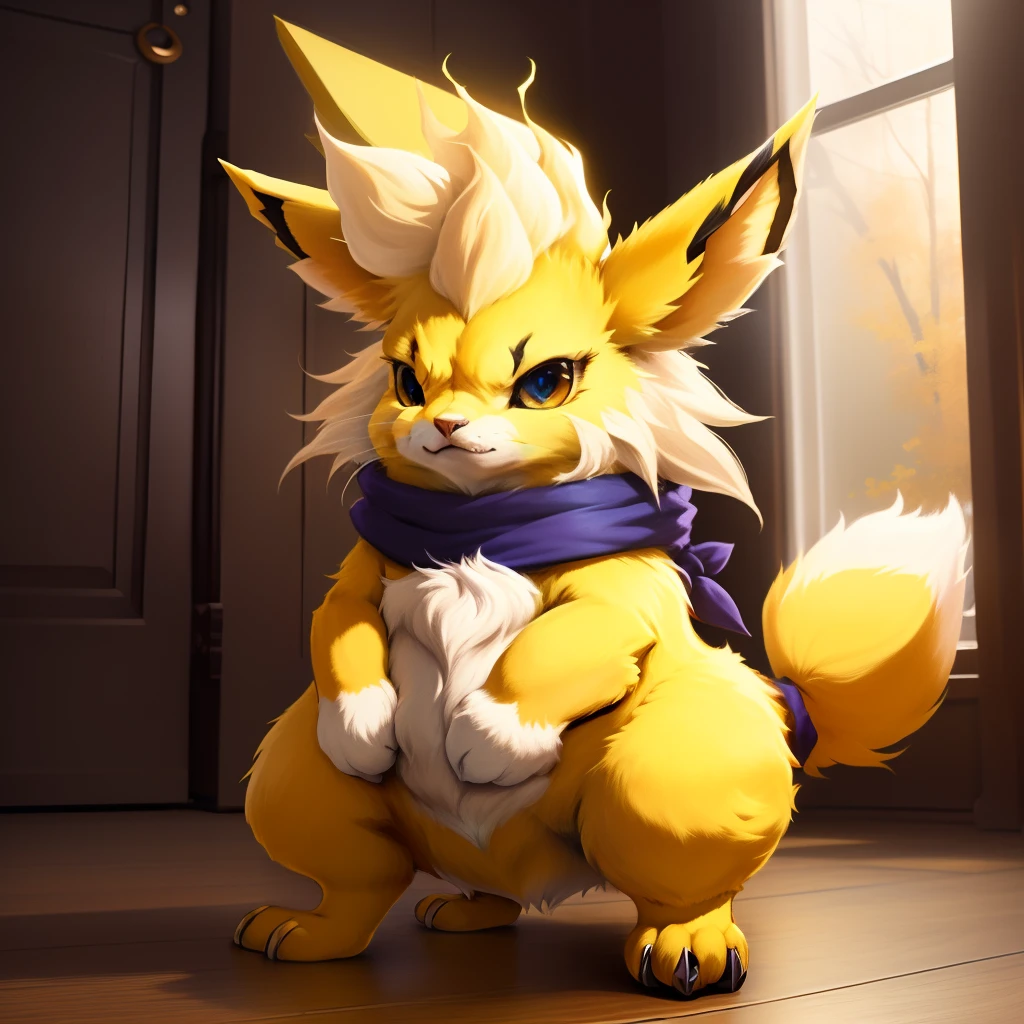 A obeast Jolteon with belly touching the floor while standing that looks like it weight over 1000 pounds