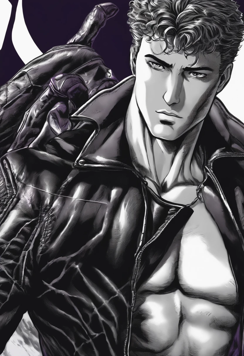 Guts From the manga Berserk wearing the scorpion jacket from the movie Drive/ super ultra realistic/ at night/ under purple neon lights/ calm facial expression