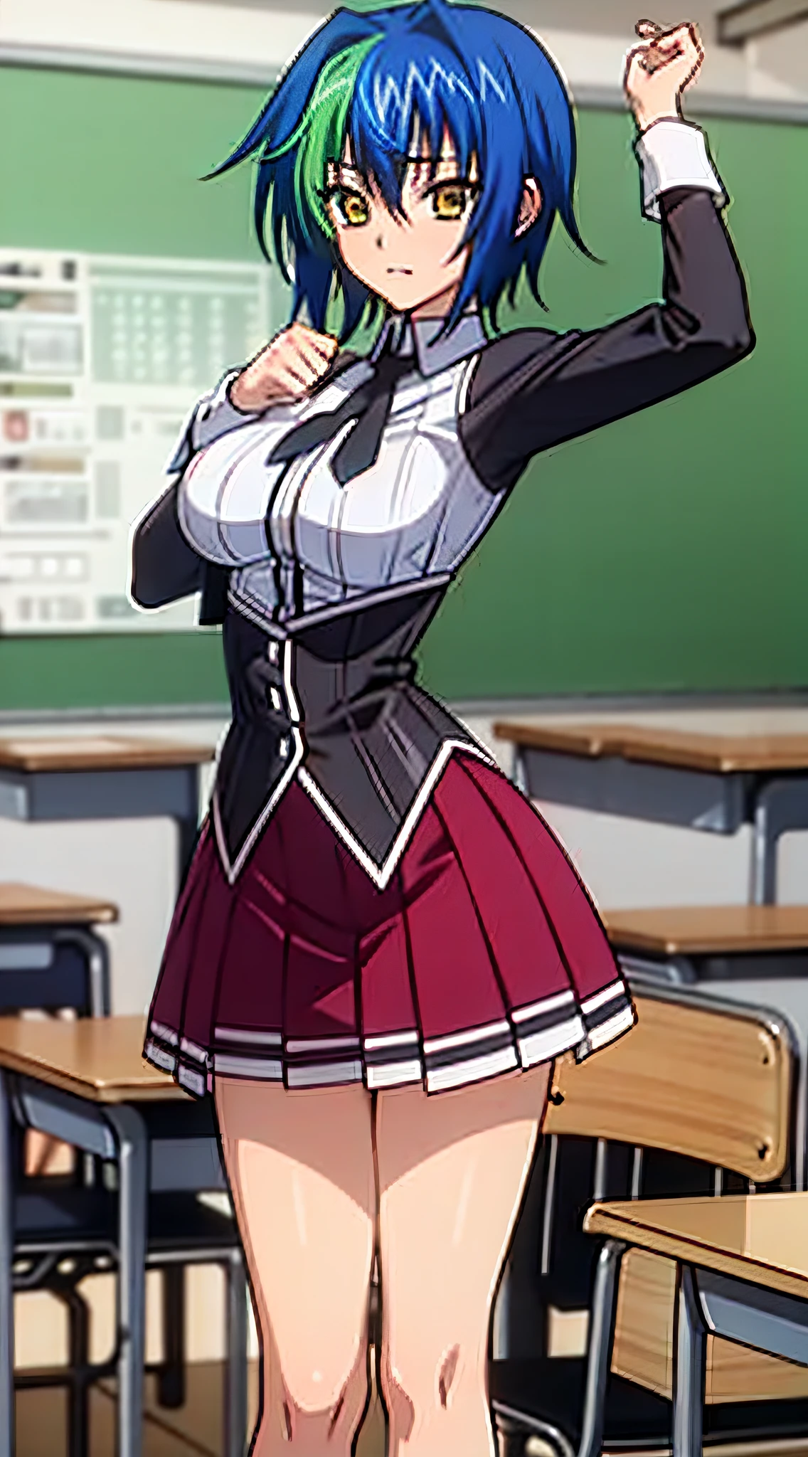 masterpiece, best quality, ultra-detailed, hires, beautiful, 1girl, multicolored hair, blue hair, short hair, green hair, yellow eyes, two-tone hair, streaked hair, close photo of xenovia quarta dxd, full body, (dxd clothes:1.6), school uniform, skirt, white shirt, black boots, red skirt, black corset,, upper Body, standing, hand on breasts, detailed background, (school classroom:1.3),