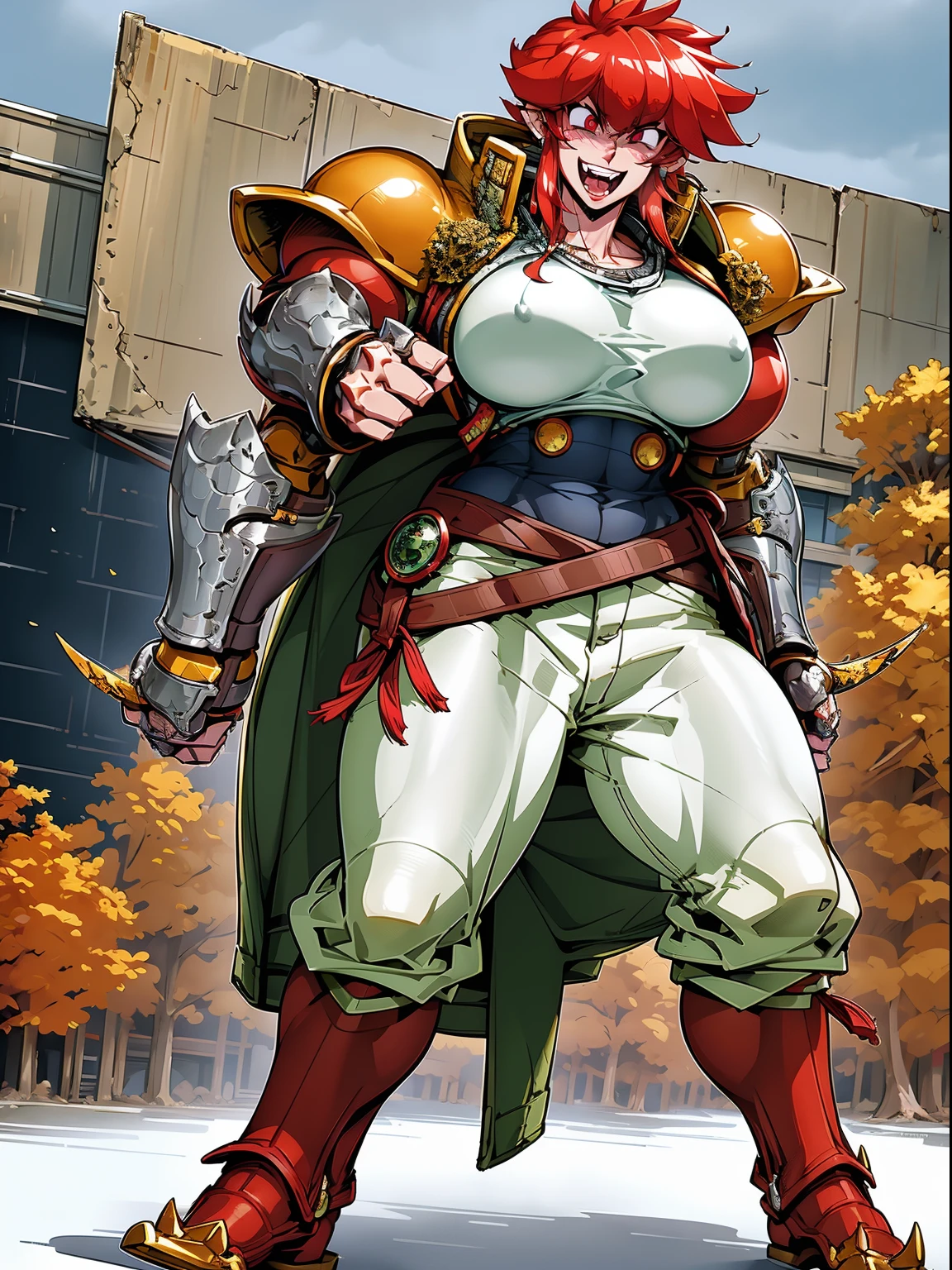 tomboy, warrior, berserker, tall female, muscular female, living hair, sauvage,, medieval clothing, fantasy, fantasy weapon, huge breasts, barbarian pants, , combat boots, armor, red hair, crazy smile, open mouth, biceps, necktie, thick arms,pullover, solo focus, long hair, , crazy smile, long hair, pants, noble cloths, noble clothing, french cloths, very long hair, BOOTS, full body, pink lips, hime cut
